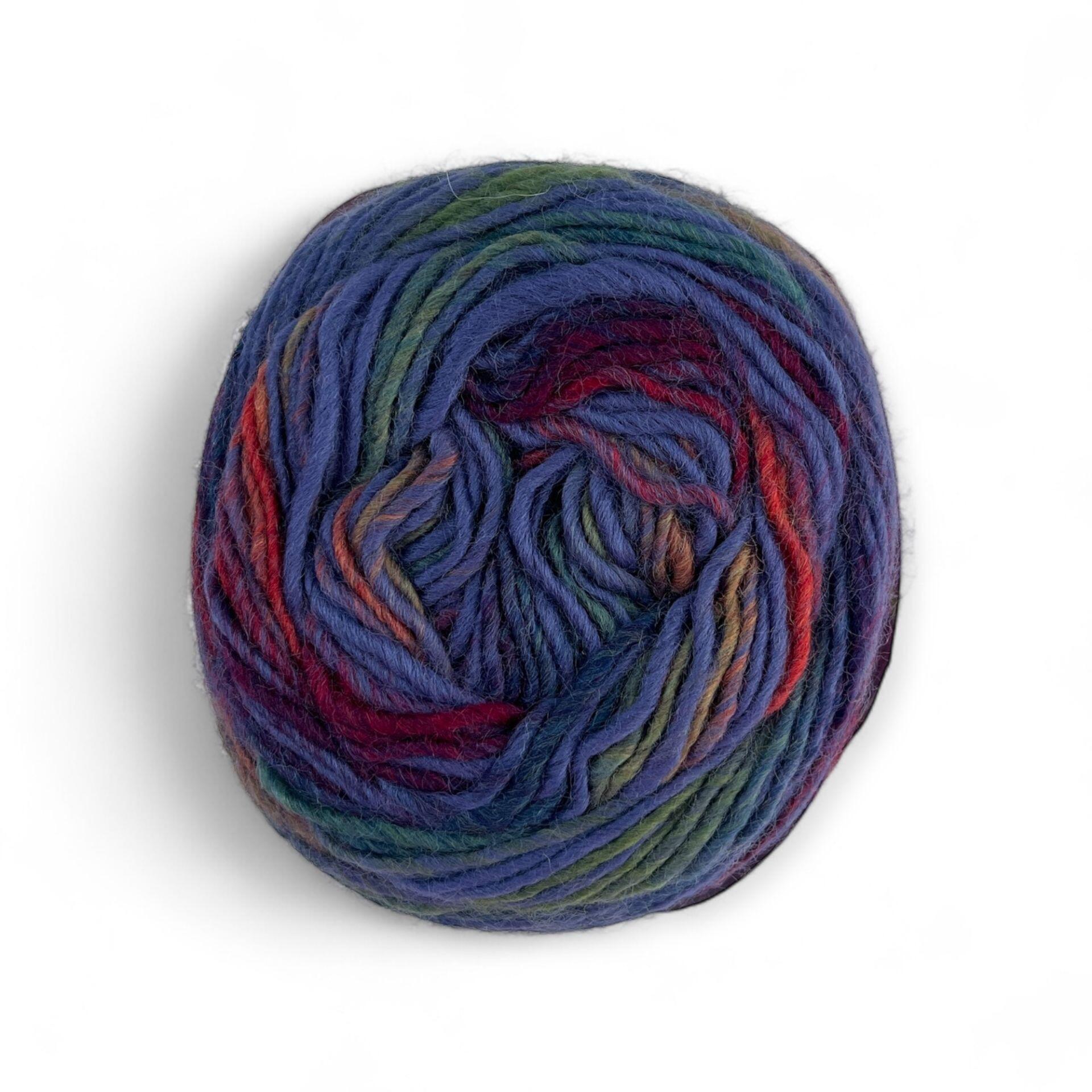 Stylecraft Knit Me Crochet Me Night yarn ball – self-striping DK wool blend in deep blue, purple, green and crimson tones