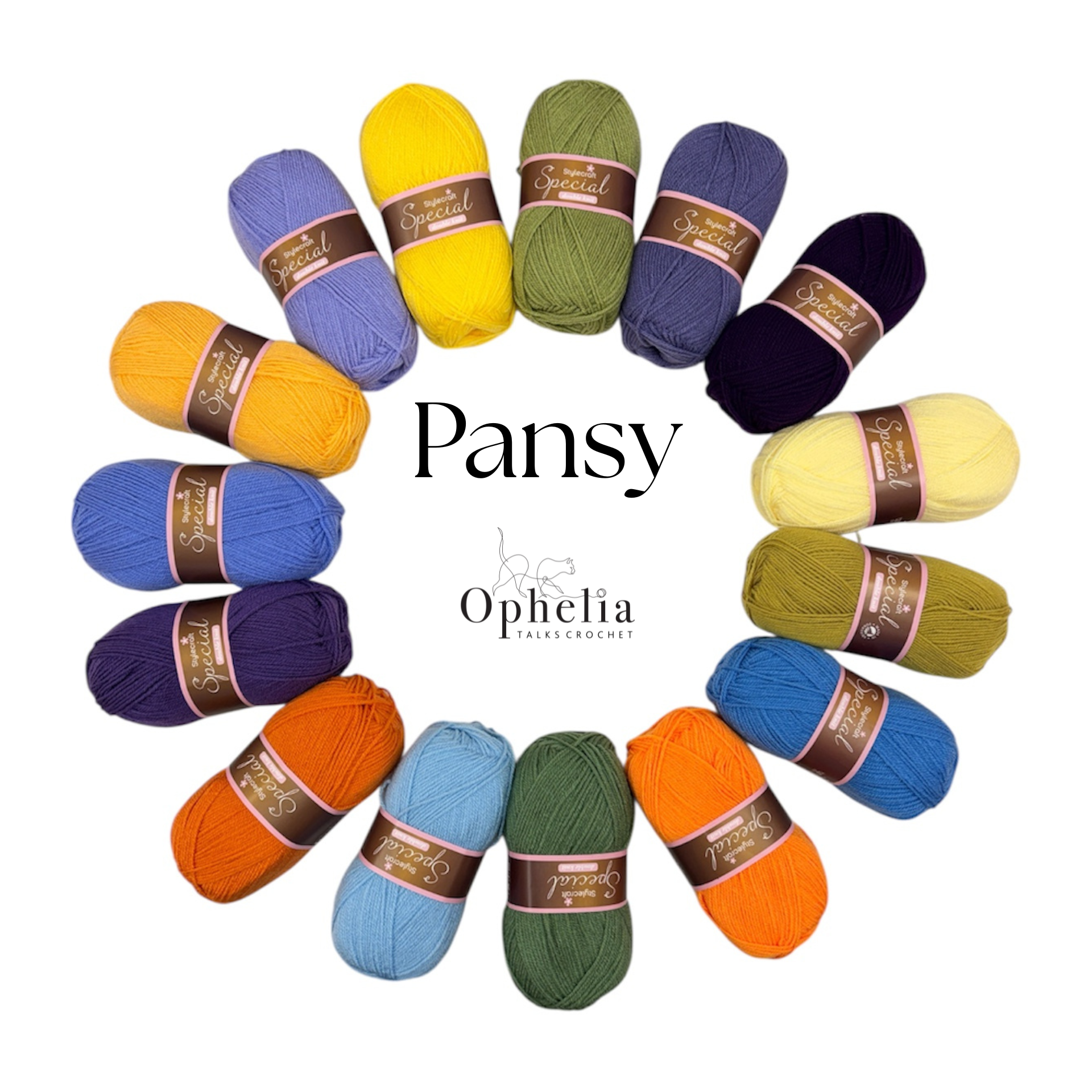 Ophelia Talks Crochet “Pansy” colour pack featuring 15 balls of Stylecraft Special DK yarn arranged in a circular wreath formation on a light grey background. The palette includes vibrant yellow, lavender, purple, orange, blue, green, and soft pastel shades, inspired by pansy flowers. The Ophelia Talks Crochet logo appears in the centre of the image.