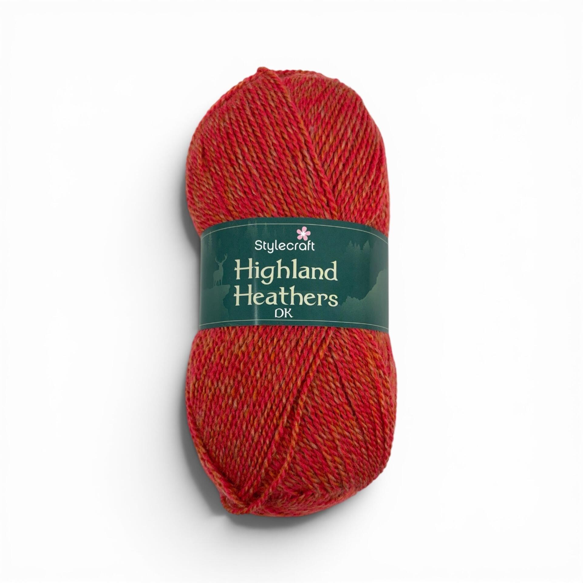 Stylecraft Highland Heathers DK yarn ball in Rowanberry 7242, a vibrant red and berry tweed-effect 100g acrylic DK yarn with green Highland Heathers label.