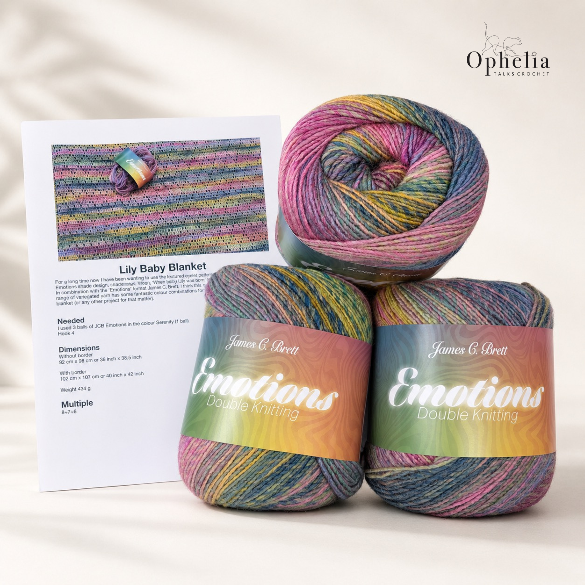 Lily Baby Blanket yarn pack with three James C. Brett Emotions DK balls in Serenity and printed crochet pattern