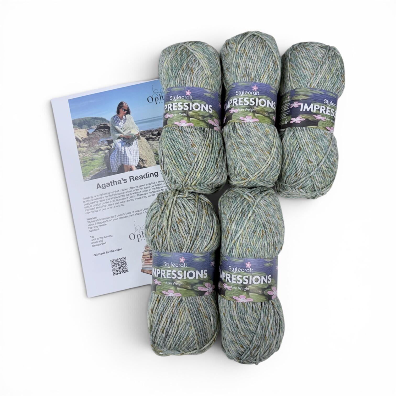 Reading shawl crochet yarn pack with printed Agatha's Reading Shawl pattern and 5 balls of Stylecraft Impressions Aran yarn in Water Lilies green
