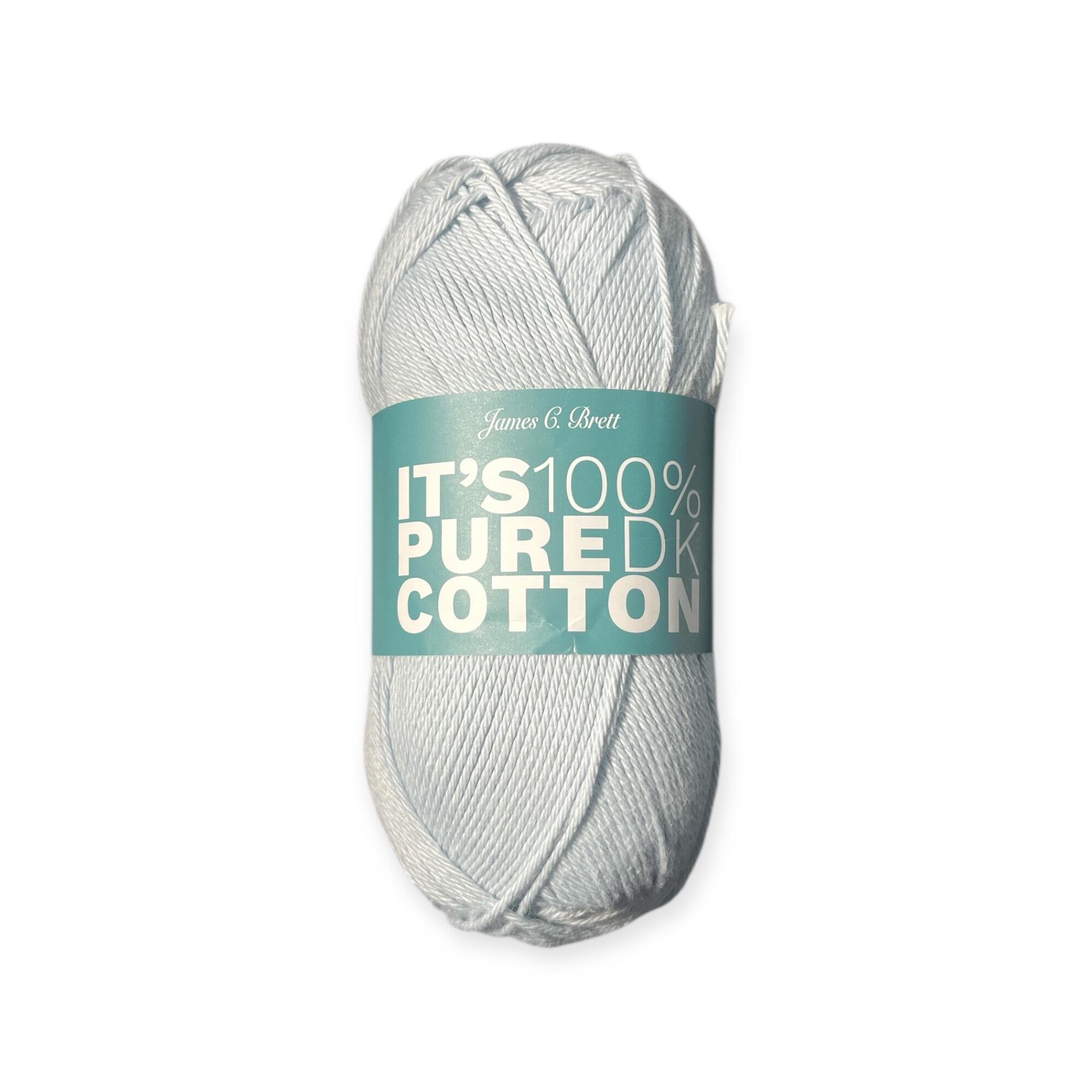 James C. Brett It’s Pure Cotton DK yarn ball in Pale Blue IC05, 100% cotton DK yarn with turquoise label, 100g, ideal for crochet and knitting projects.