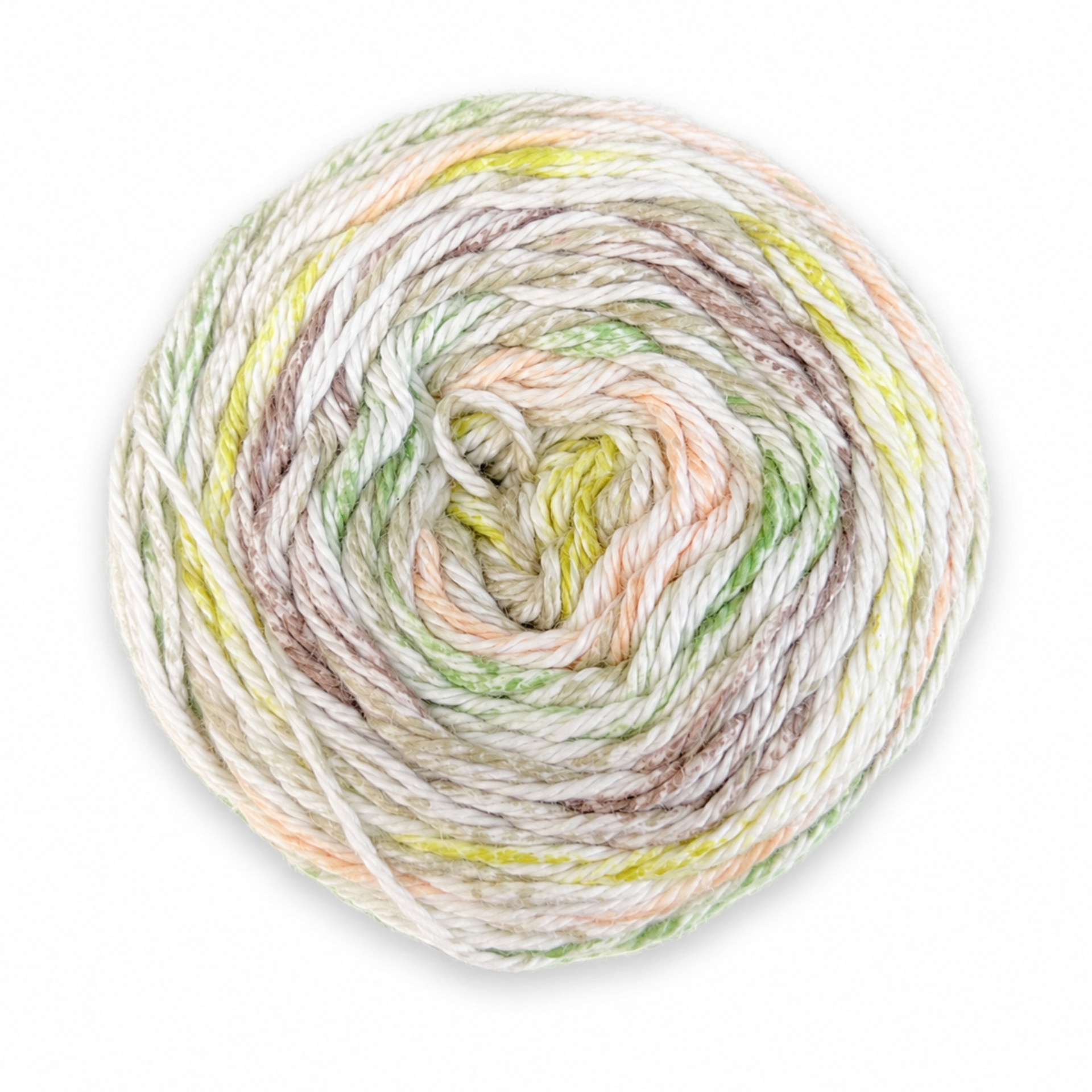 James C. Brett Cotton Waves yarn cake in Spring Grass WV11 with soft green, yellow, grey and white variegated cotton DK yarn.