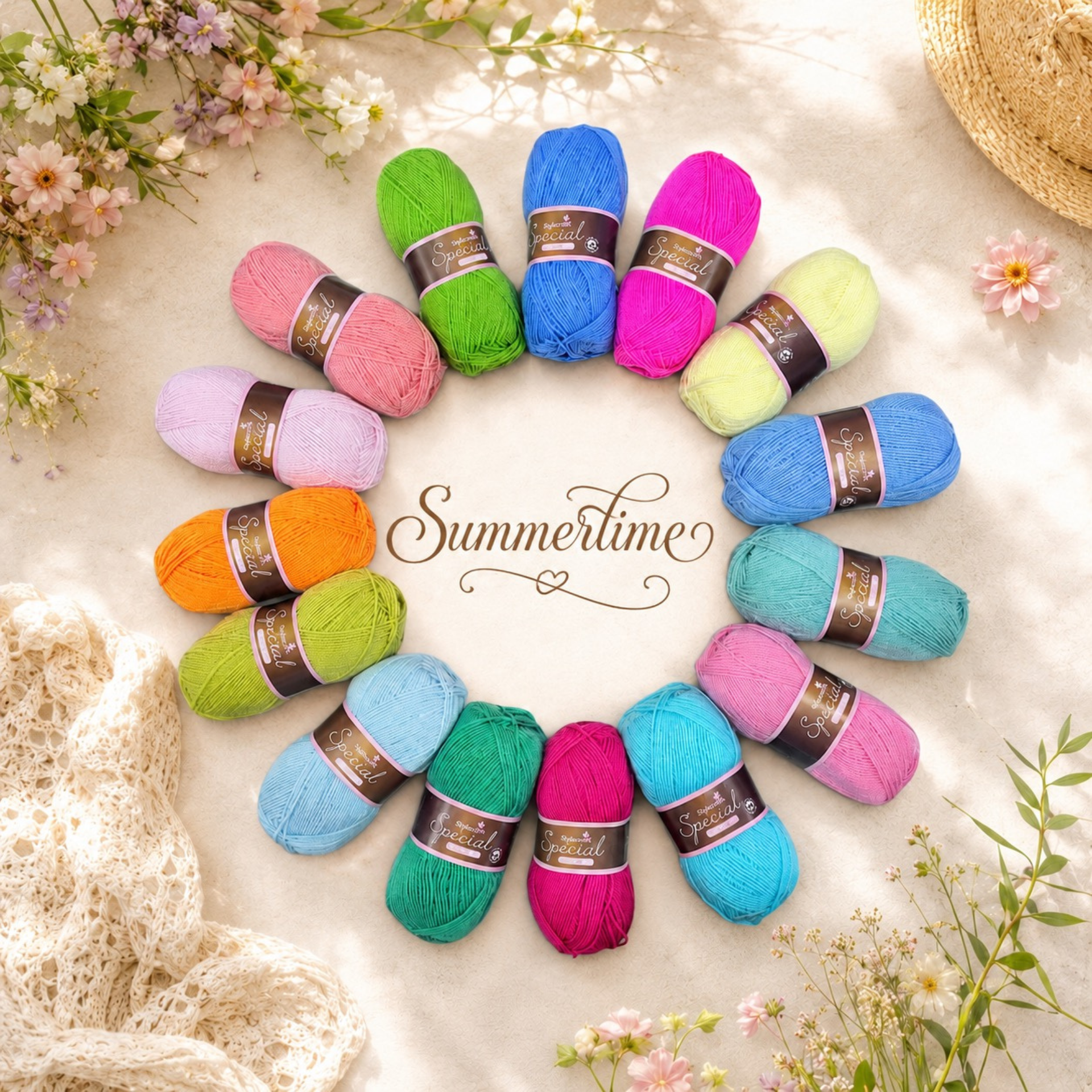 Fifteen colourful balls of Stylecraft Special DK arranged in a circle with “Summertime” lettering, flowers and crochet details.