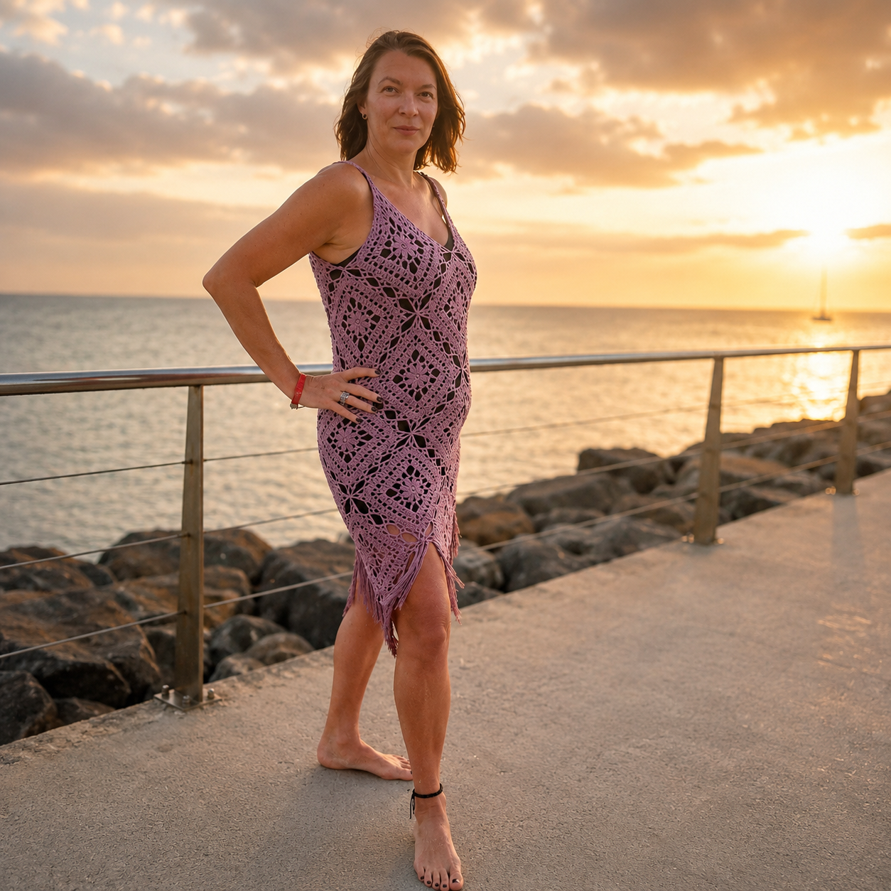 Side view: Side view of the mauve Celicia crochet summer dress, showing its fitted shape, openwork floral design and fringed hem against a golden seaside sunset.