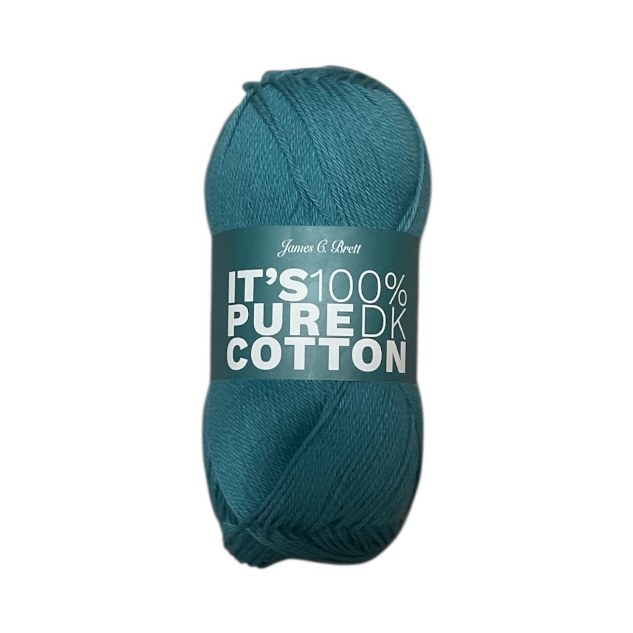 James C. Brett It’s Pure Cotton DK yarn ball in Dusty Teal IC34, 100% cotton DK yarn with turquoise label, 100g, ideal for crochet and knitting projects.