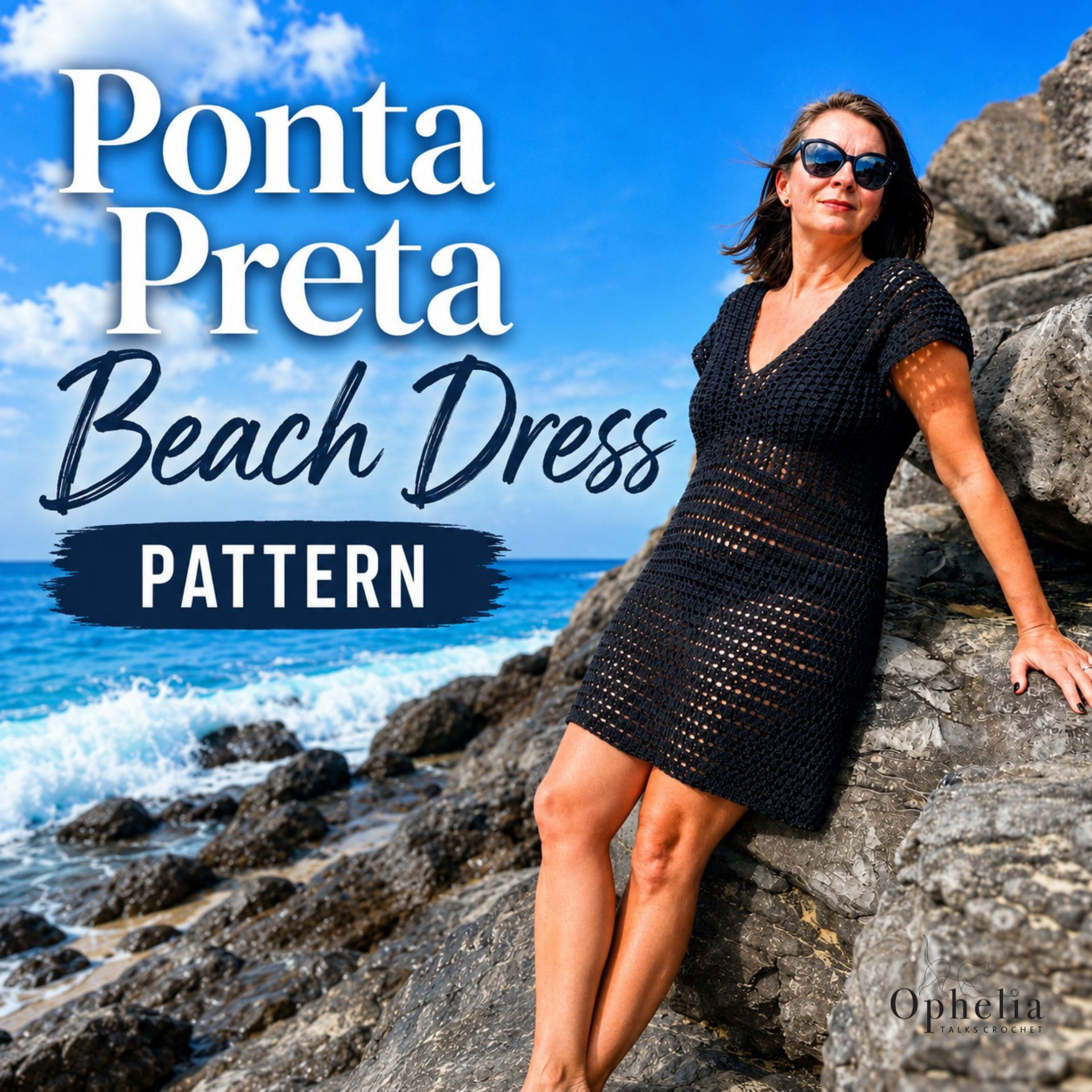 Ponta Preta crochet beach dress pattern – knee-length black openwork cover-up with V-neck and cap sleeves, shown on a model at a rocky seaside