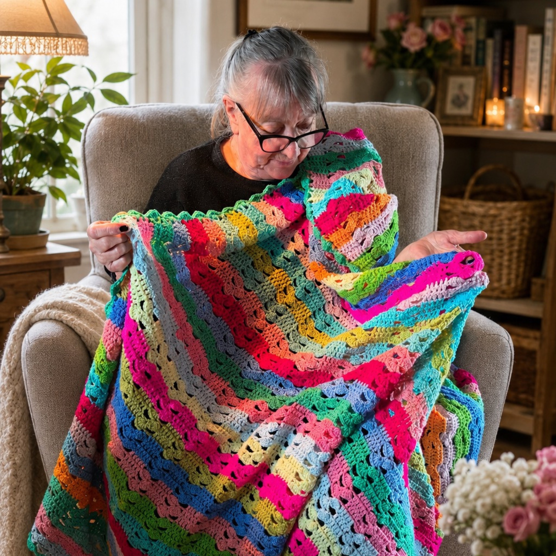Woman seated in a cosy armchair holding the colourful Summertime crochet blanket, featuring bright wavy stripes and openwork stitches.