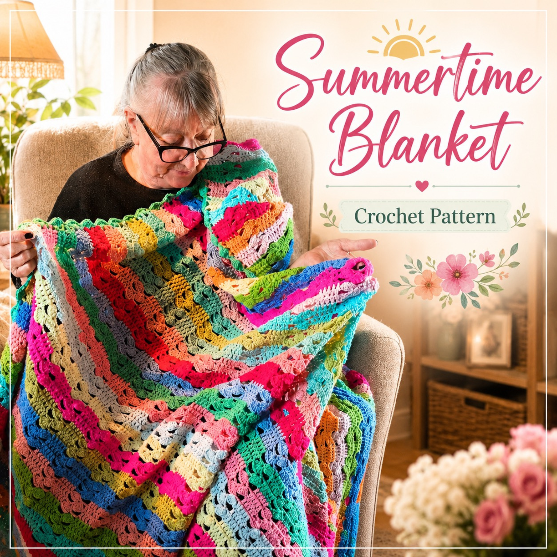 woman seated in a cosy armchair, holding the colourful striped Summertime Blanket, with decorative text reading “Summertime Blanket Crochet Pattern” in a bright, welcoming living-room setting
