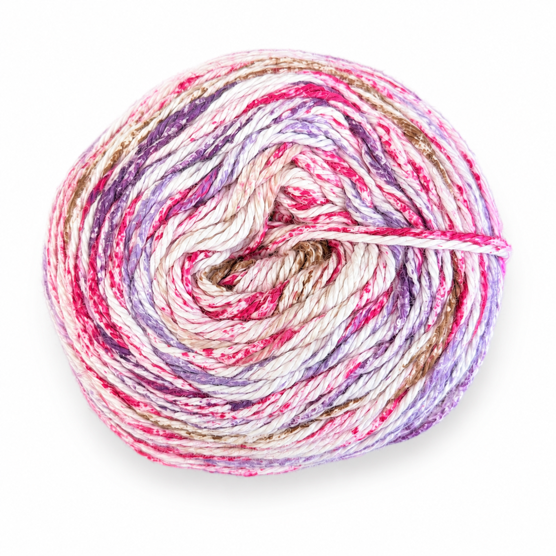 James C. Brett Cotton Waves yarn cake in Berry Crumble WV13 with berry pink, purple and white variegated cotton DK yarn.