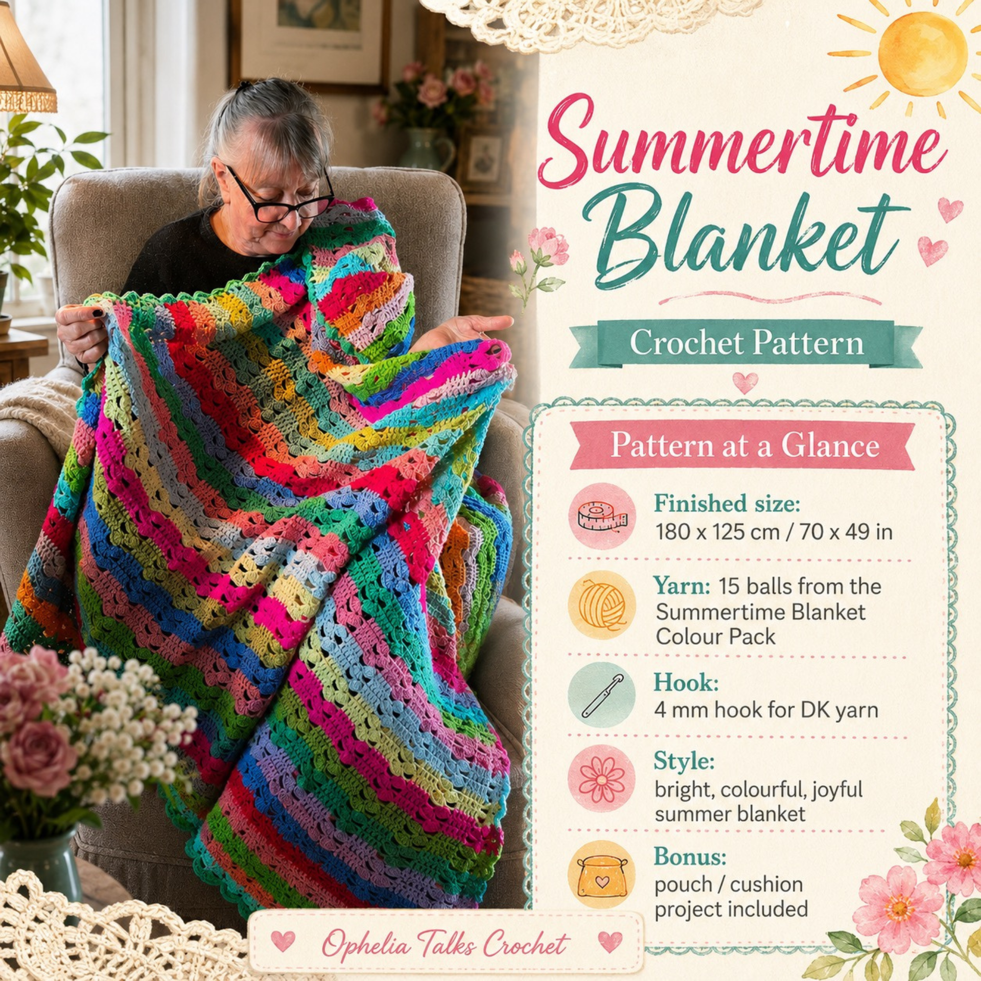 Summertime Blanket crochet pattern infographic showing Christiane holding the colourful striped crochet blanket, with finished size, yarn quantity, 4 mm hook and bonus pouch project details.