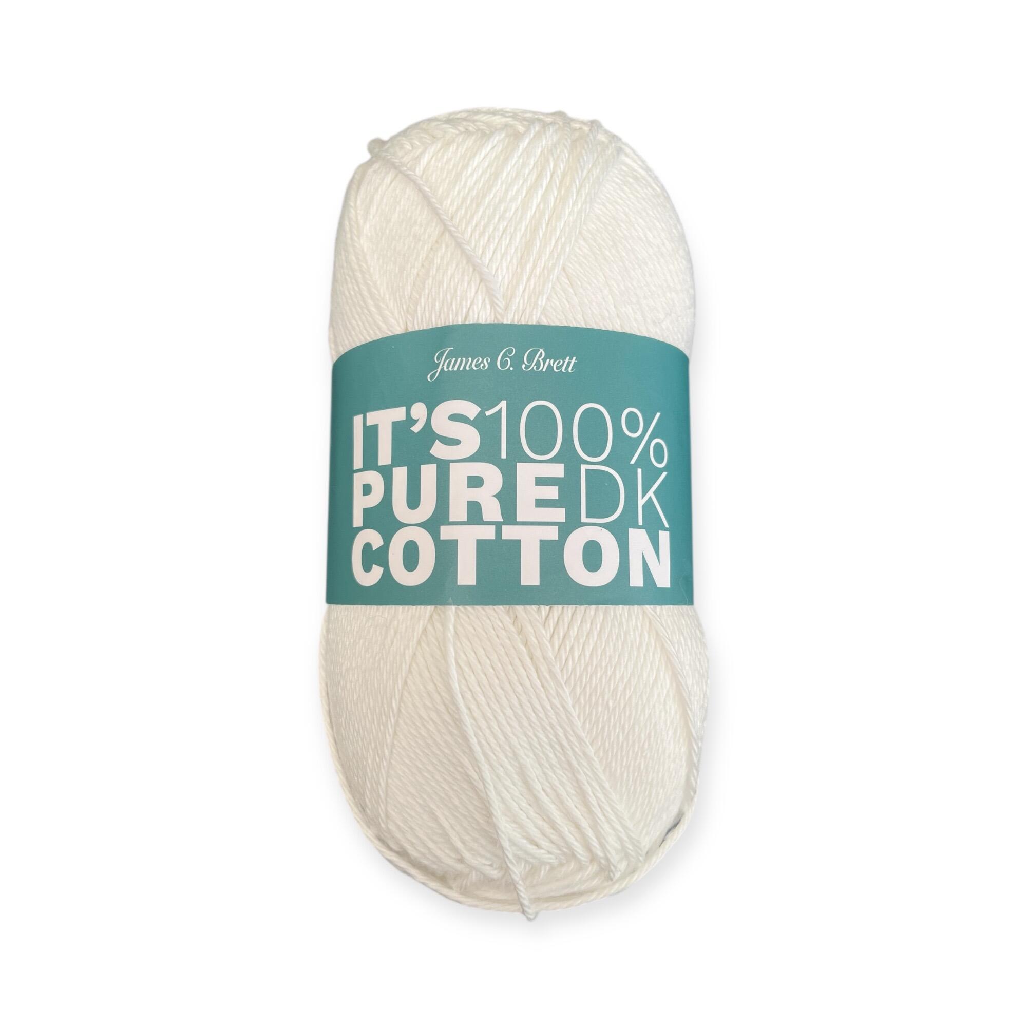 James C. Brett It’s Pure Cotton DK yarn ball in Cream IC09, 100% cotton DK yarn with turquoise label, 100g, ideal for crochet and knitting projects.