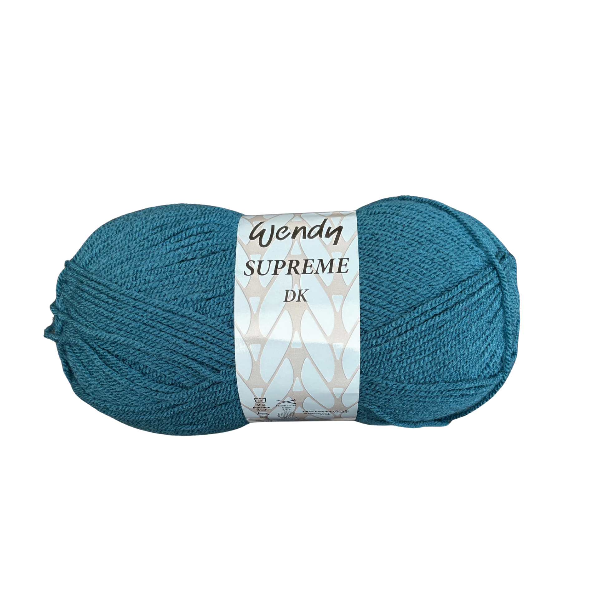 Wendy Supreme DK yarn in the colour Petrol (WD79), shown as a rich deep teal-blue double knit yarn ball with Wendy Supreme DK label.