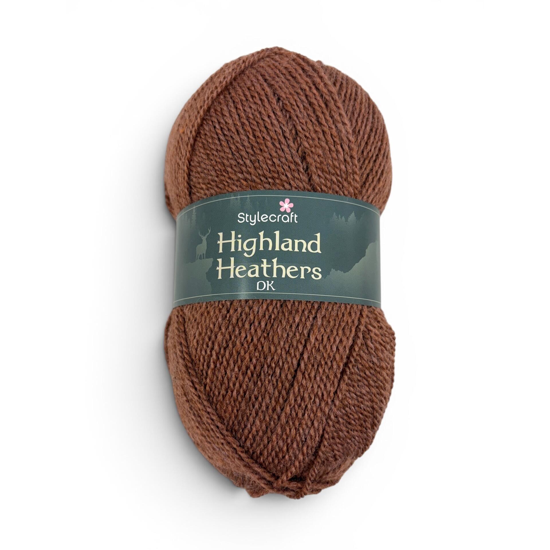 Stylecraft Highland Heathers DK yarn ball in Stag 7240, a warm earthy brown tweed-effect 100g acrylic yarn with green Highland Heathers label.