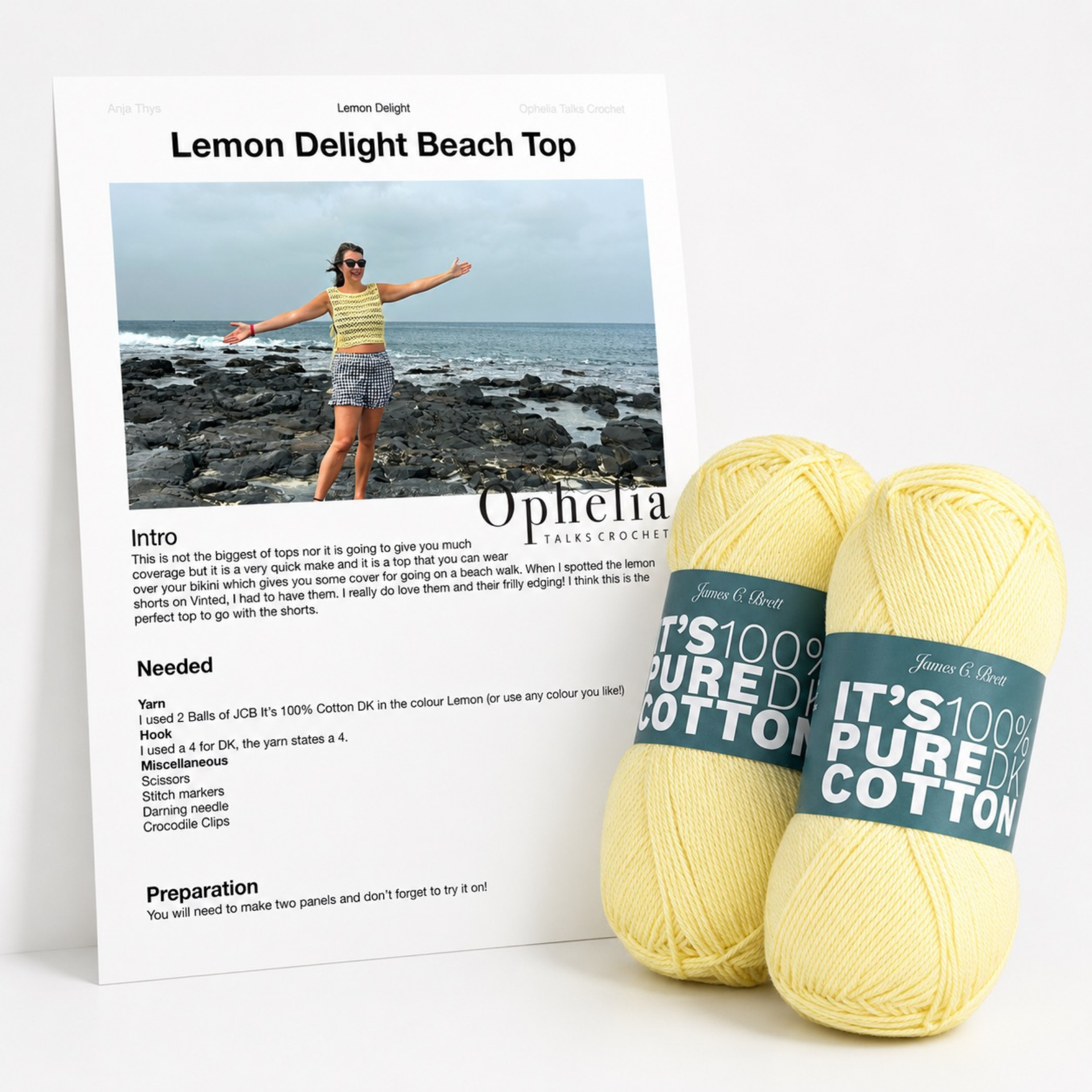 Lemon Delight Beach Top crochet pattern with two balls of lemon James C. Brett It’s 100% Pure Cotton DK yarn.