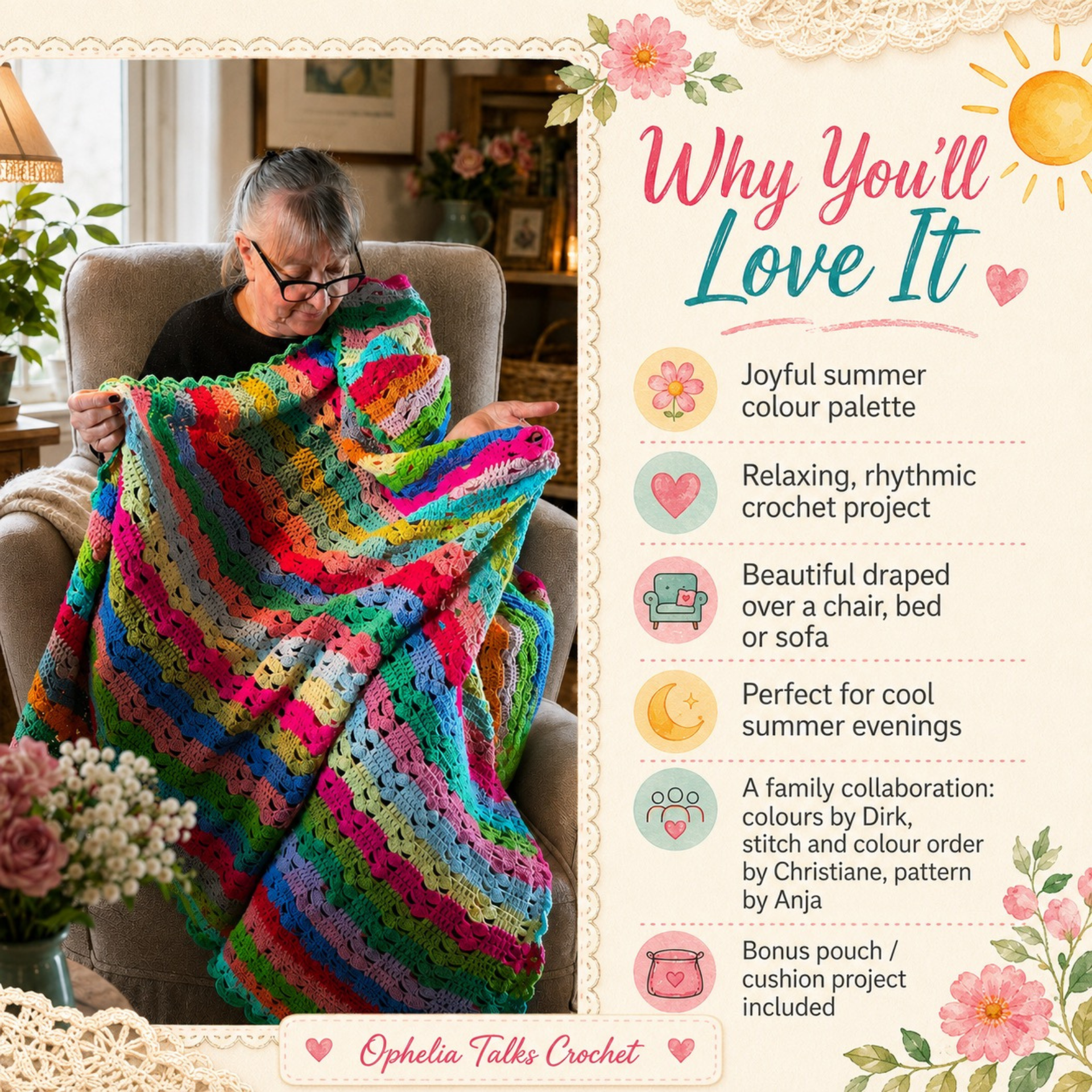 Summertime Blanket crochet infographic featuring Christiane with the bright multicoloured blanket and highlights including its joyful colours, relaxing crochet rhythm and family collaboration.