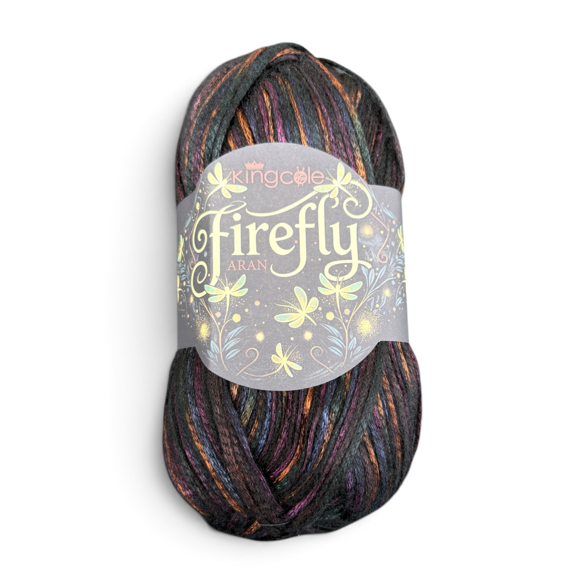 King Cole Firefly Aran Glow Worm 6574 100g ball in black with pink teal and amber iridescence