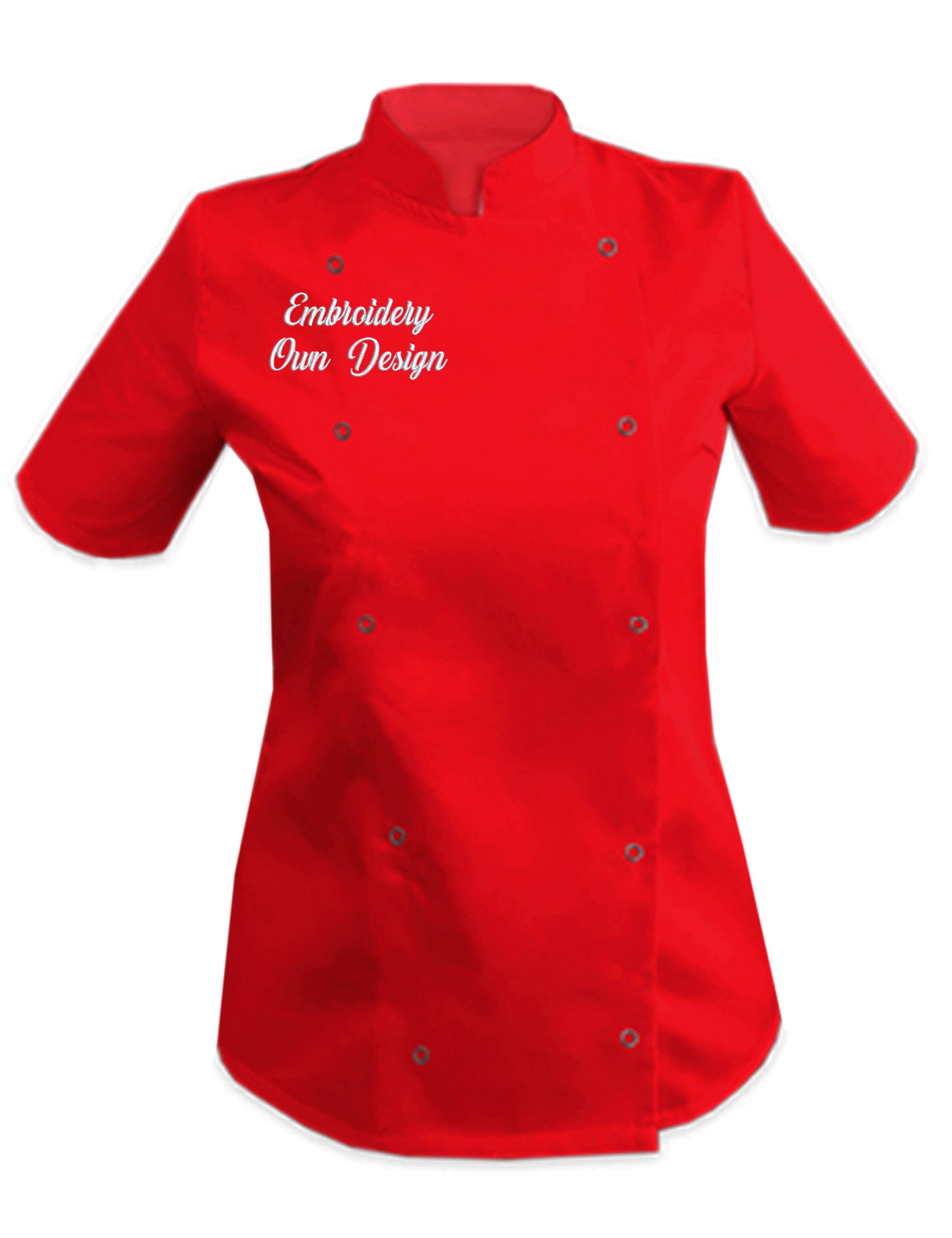 Personalised Women's Short Sleeve Chef's Jacket Red with embroidery