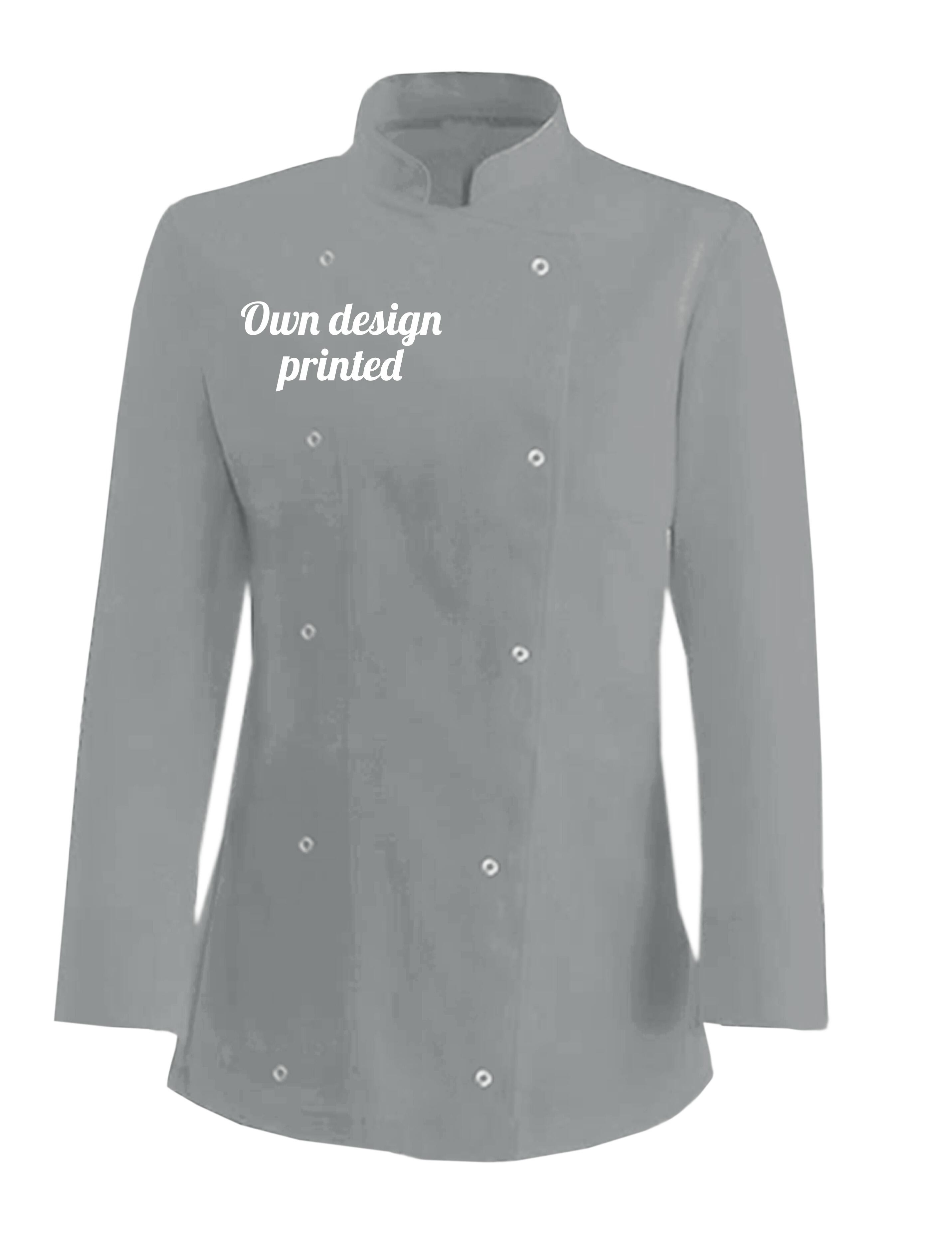 Personalised Women's Long Sleeve Chef's Jacket light grey with print