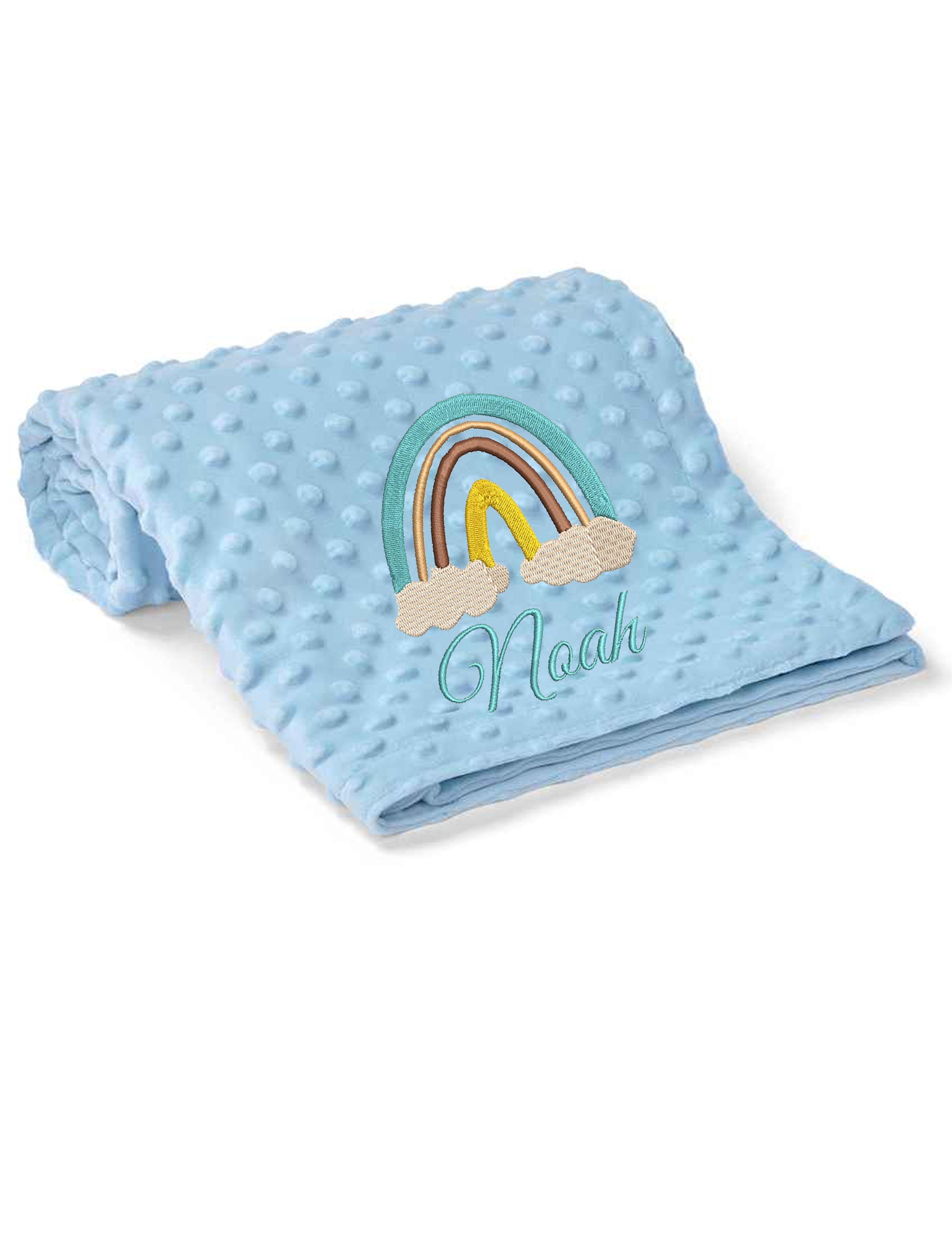 Personalised Kids Blanket Light Blue with rainbow and name