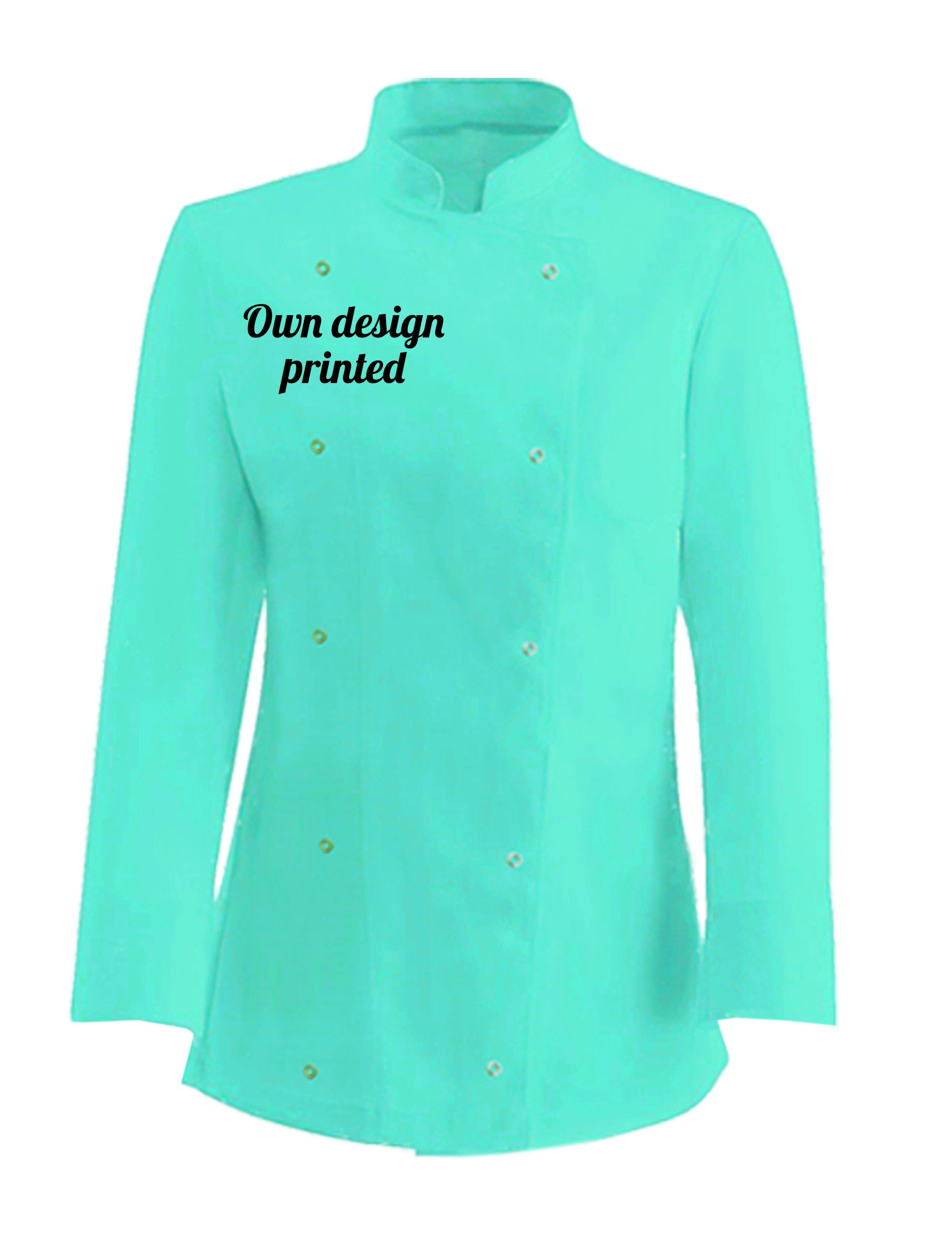 Personalised Women's Long Sleeve Chef's Jacket Mint with print