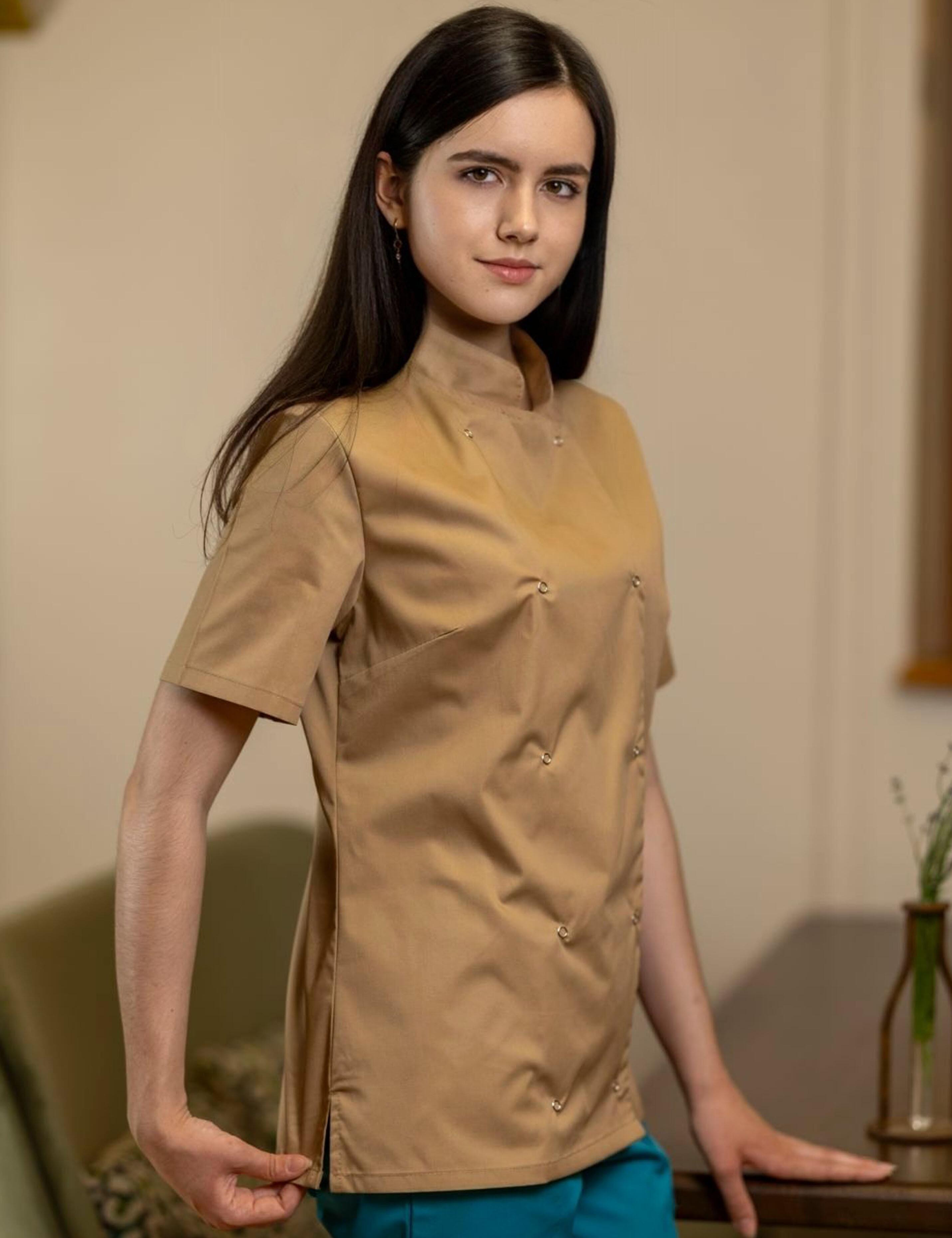 Ladies Short Sleeve Chef's Coat Cappuccino with logo