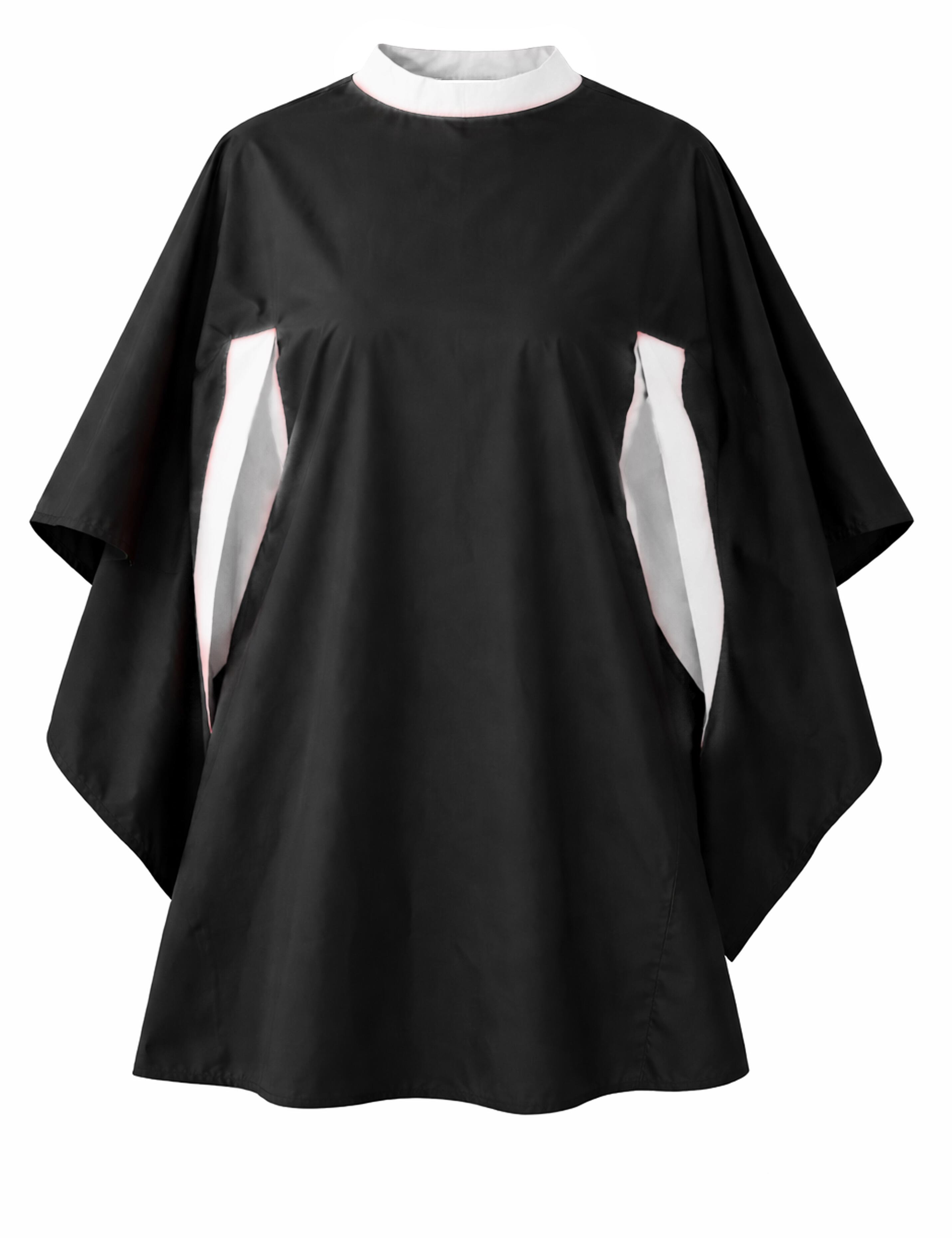 Black and white professional salon gown with hand slits for hairdressers