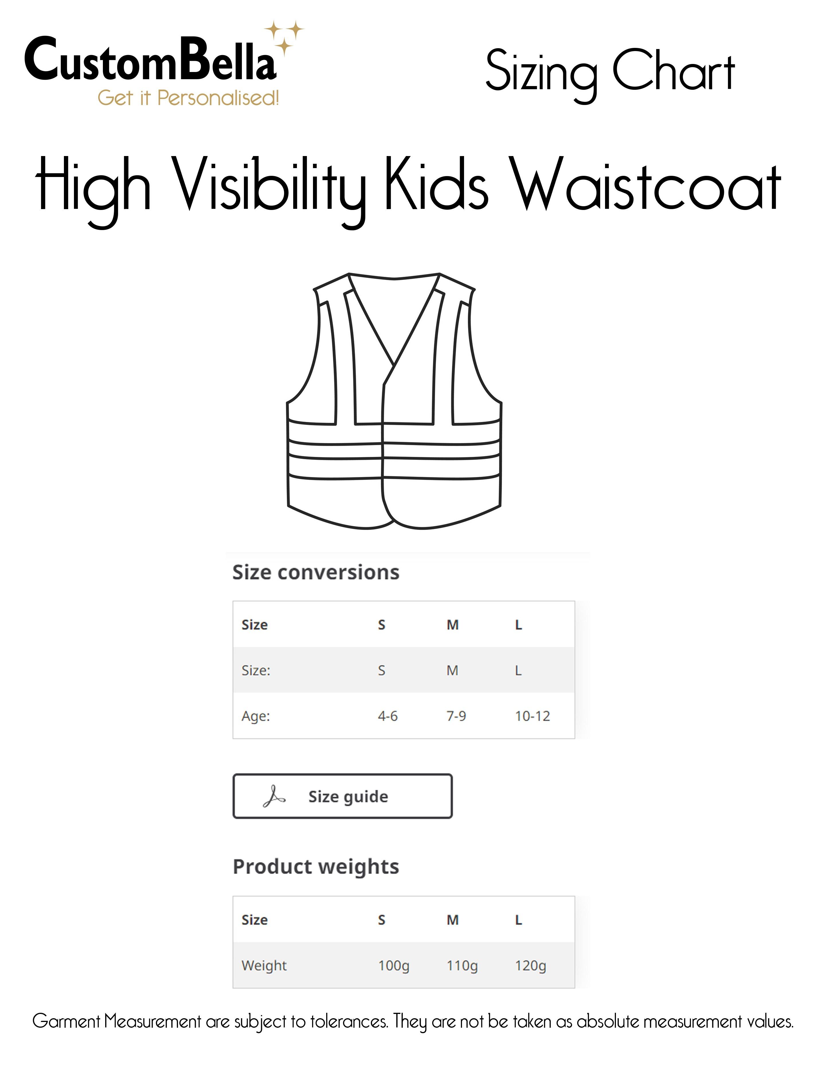 High Visibility Kids Waistcoat Red size chart