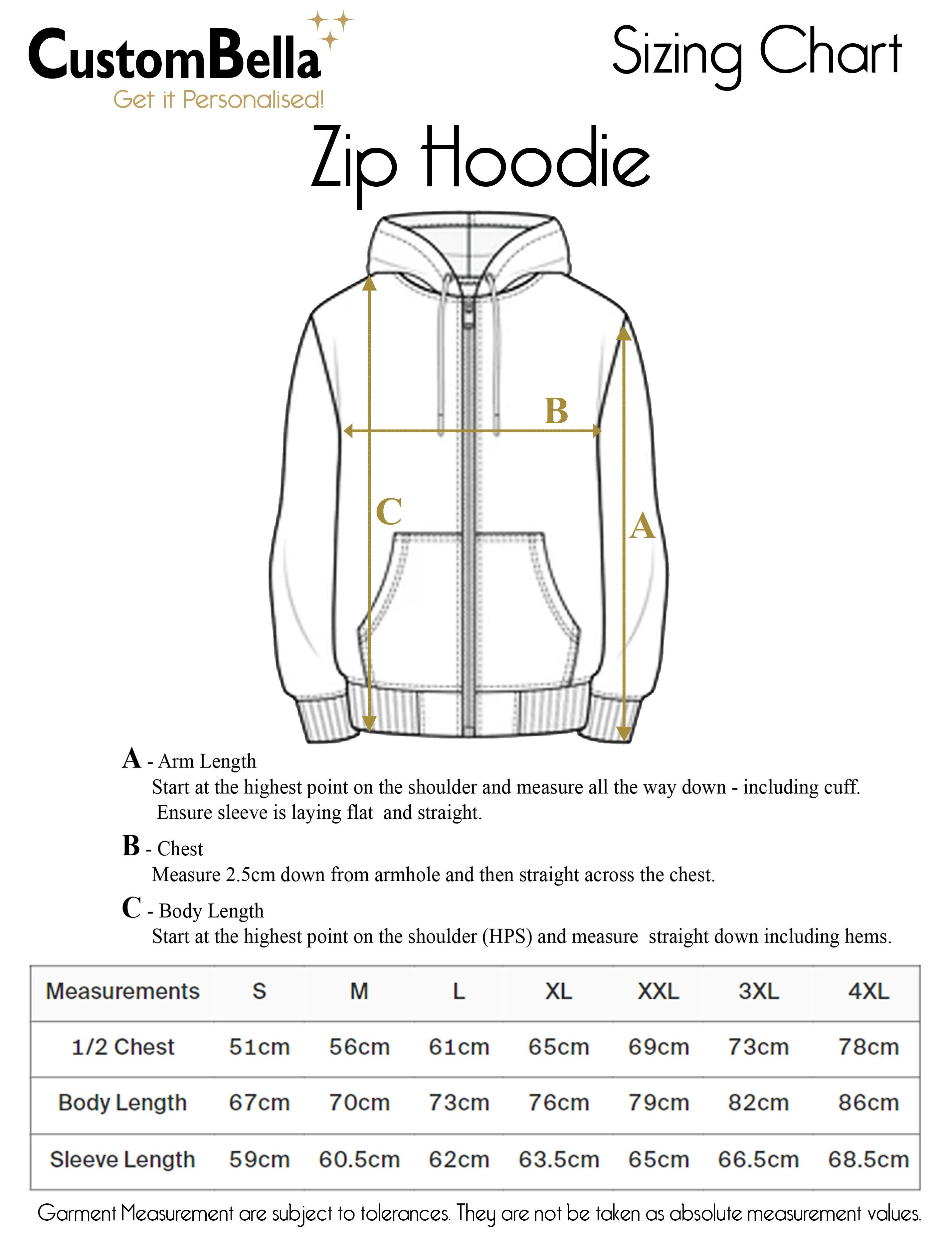 Personalised Printed Unisex Zip Hoodie Steel Grey size chart