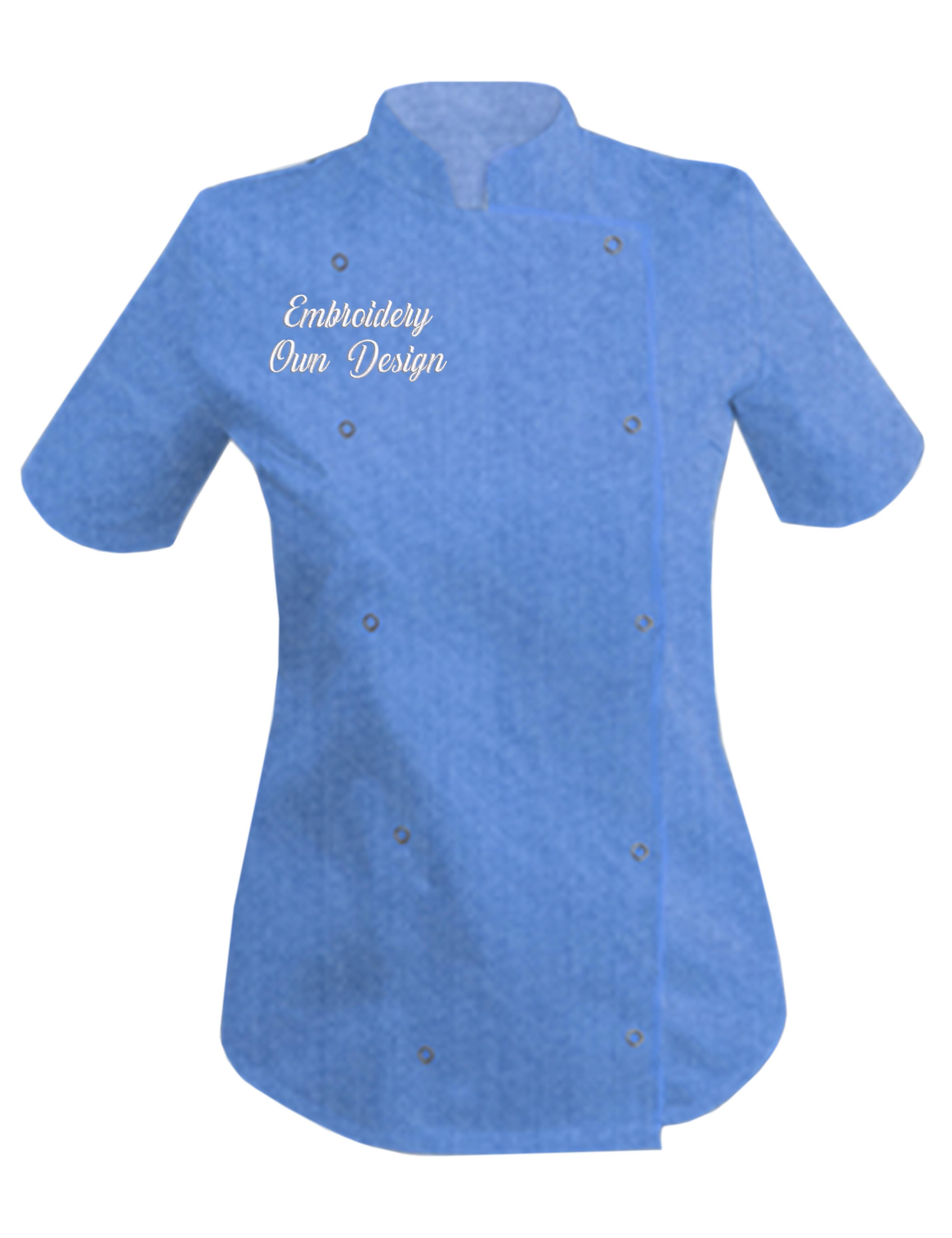 Personalised Women's Short Sleeve Chef's Jacket Denim Blue with embroidery