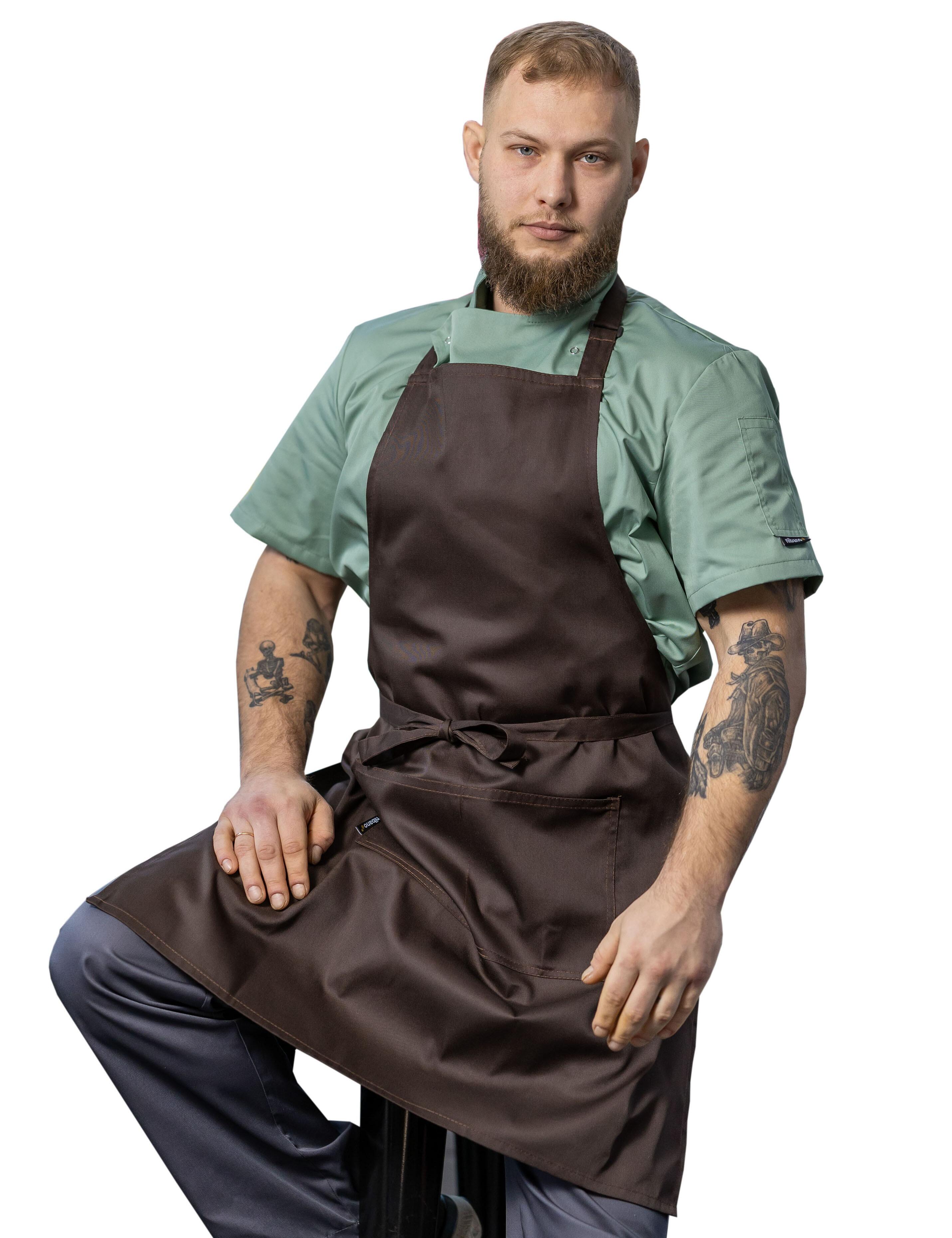 Classic Brown polycotton bib apron, mid-length design