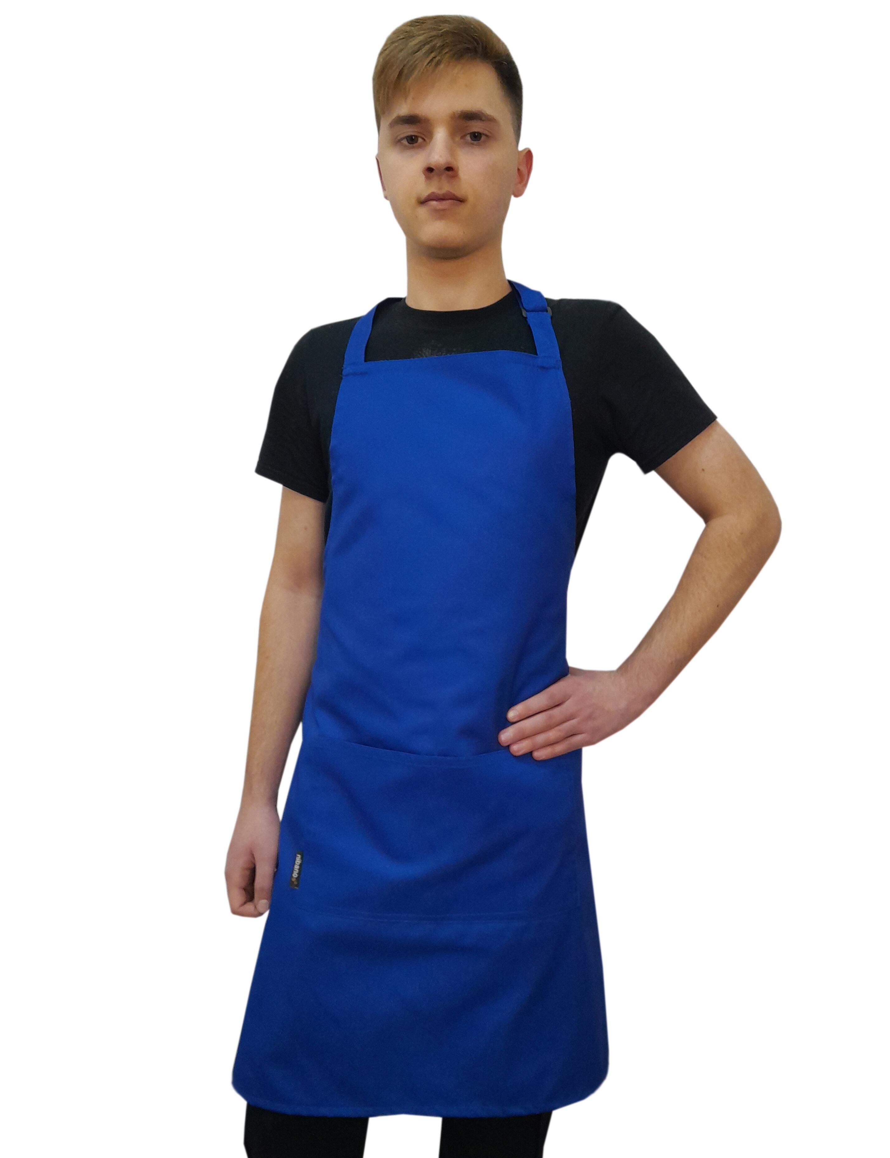 Classic royal blue polycotton bib apron in mid-length design
