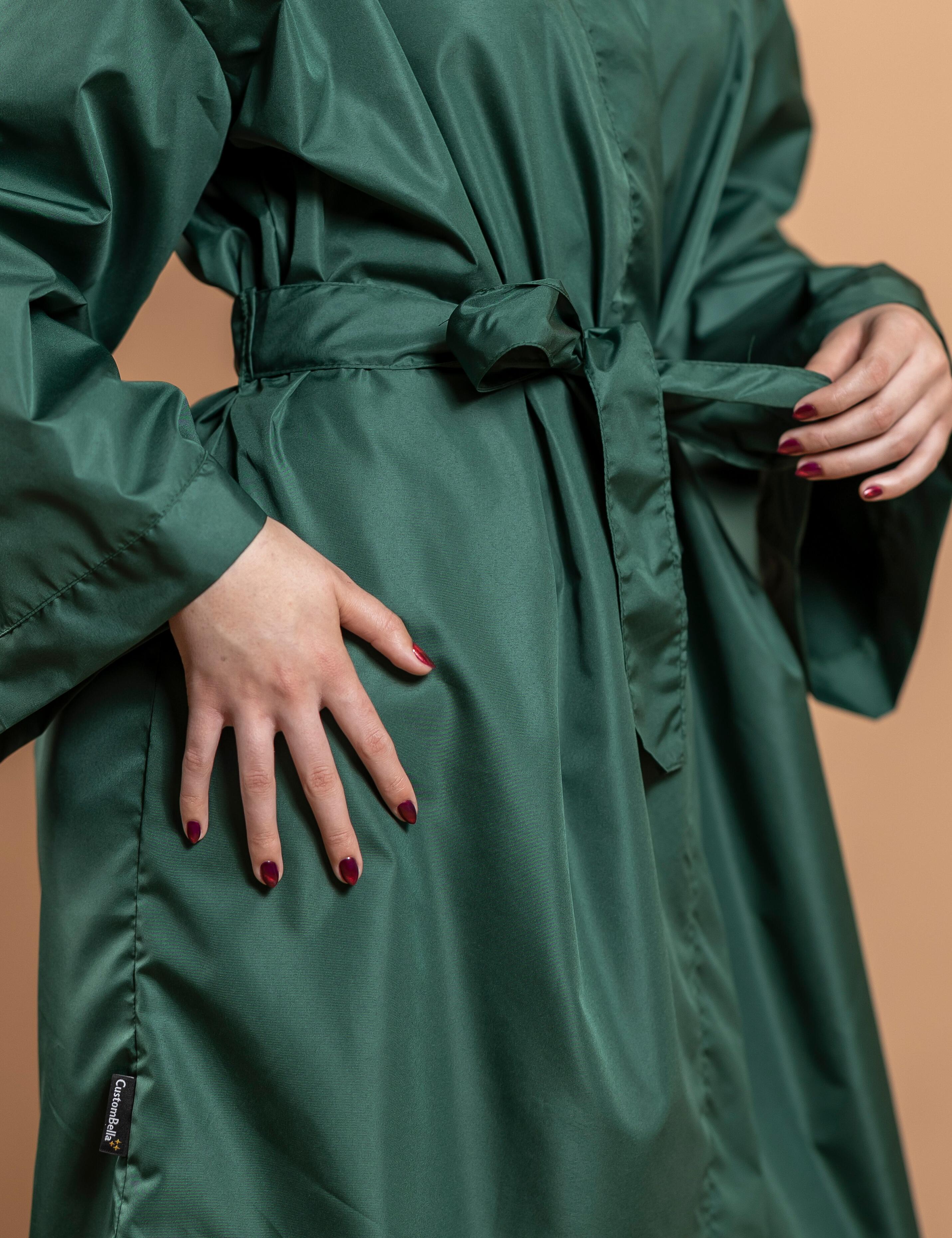 Dark green professional client robe with embroidered salon name