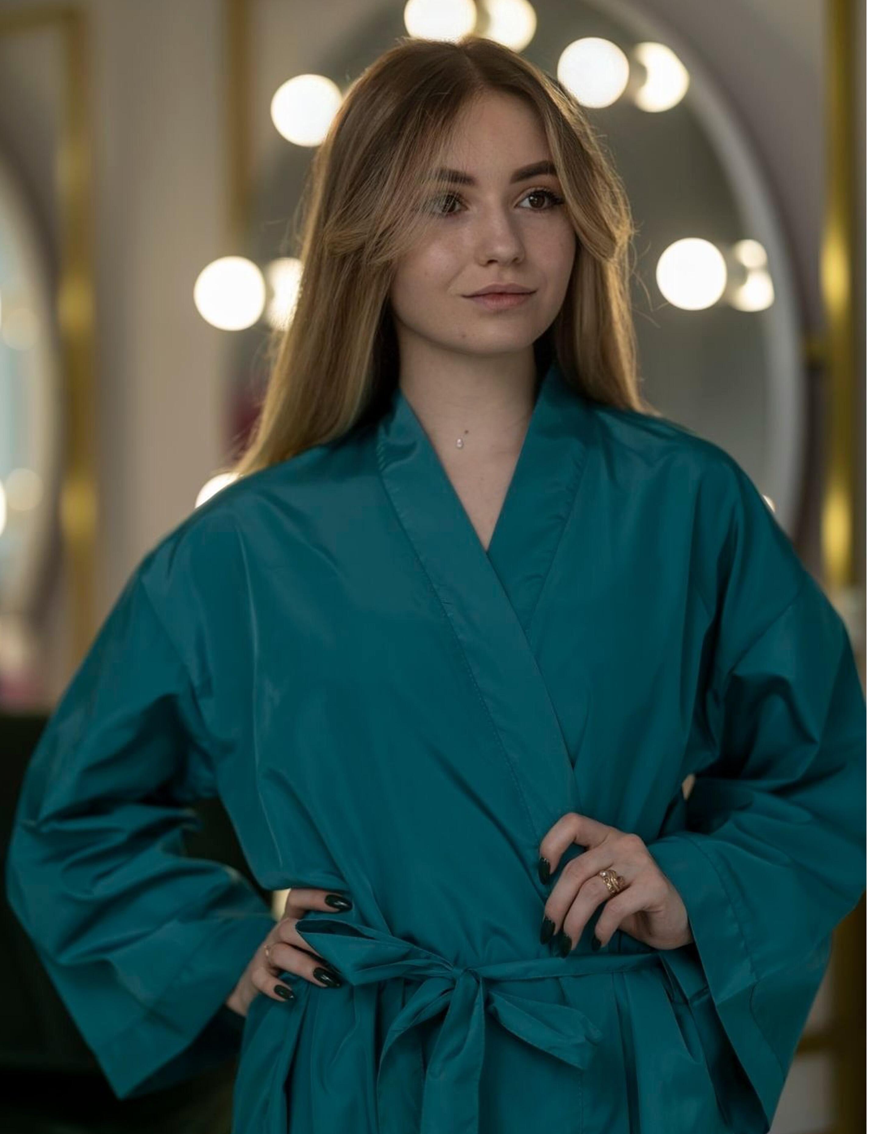 Premium-grade teal salon kimono robe made of advanced BellShield protection fabric