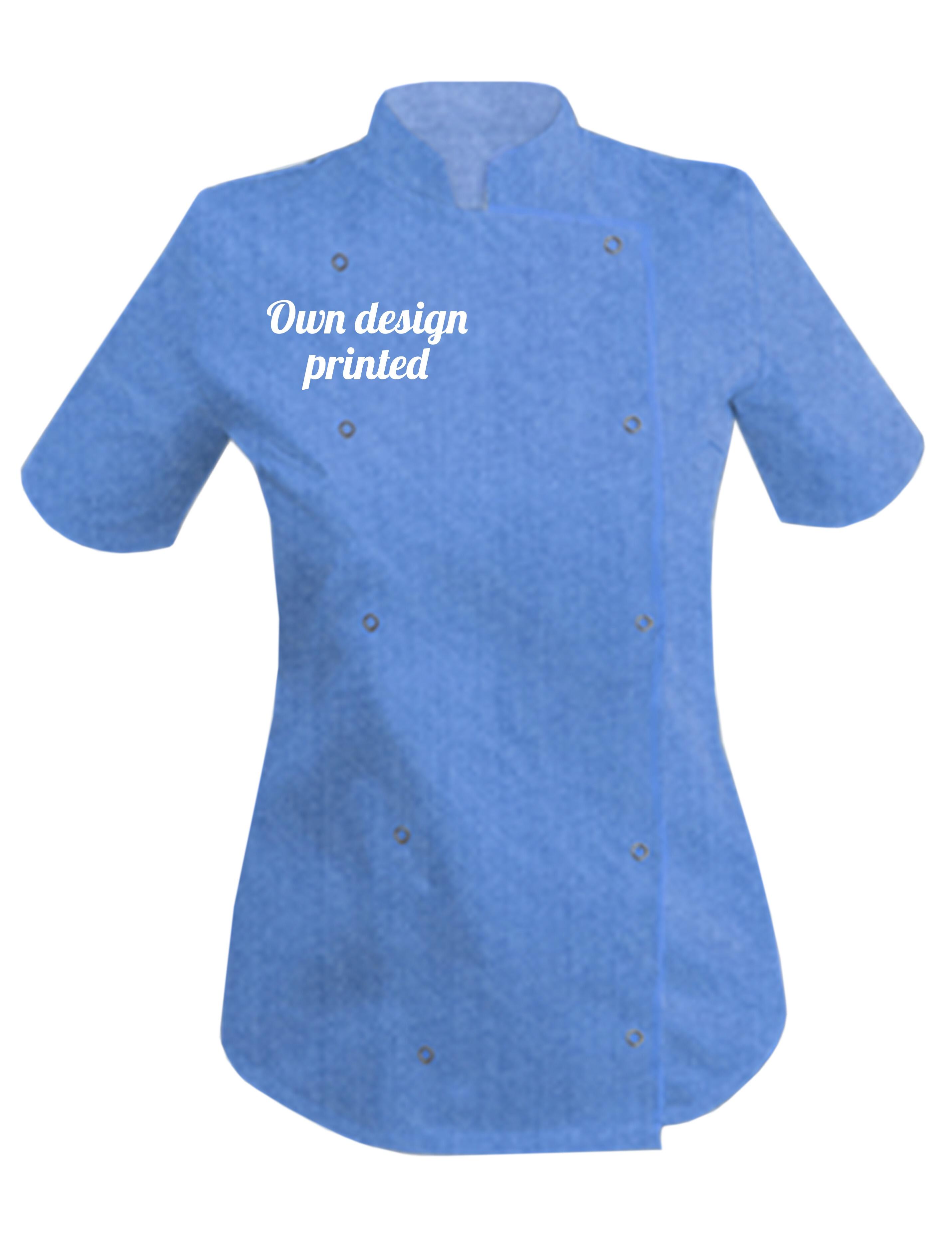 Personalised Women's Shor tSleeve Chef Jacket Denim Blue with print