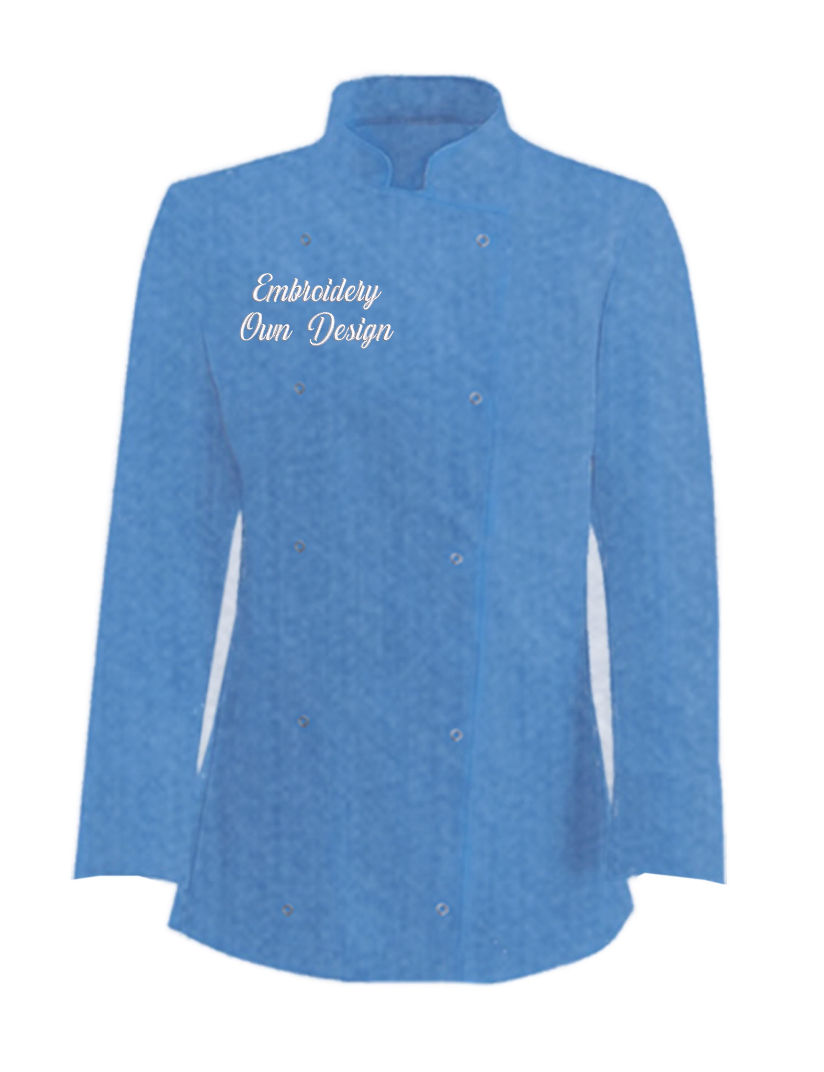 Personalised Women's Long Sleeve Chef Jacket Denim Blue with embroidery