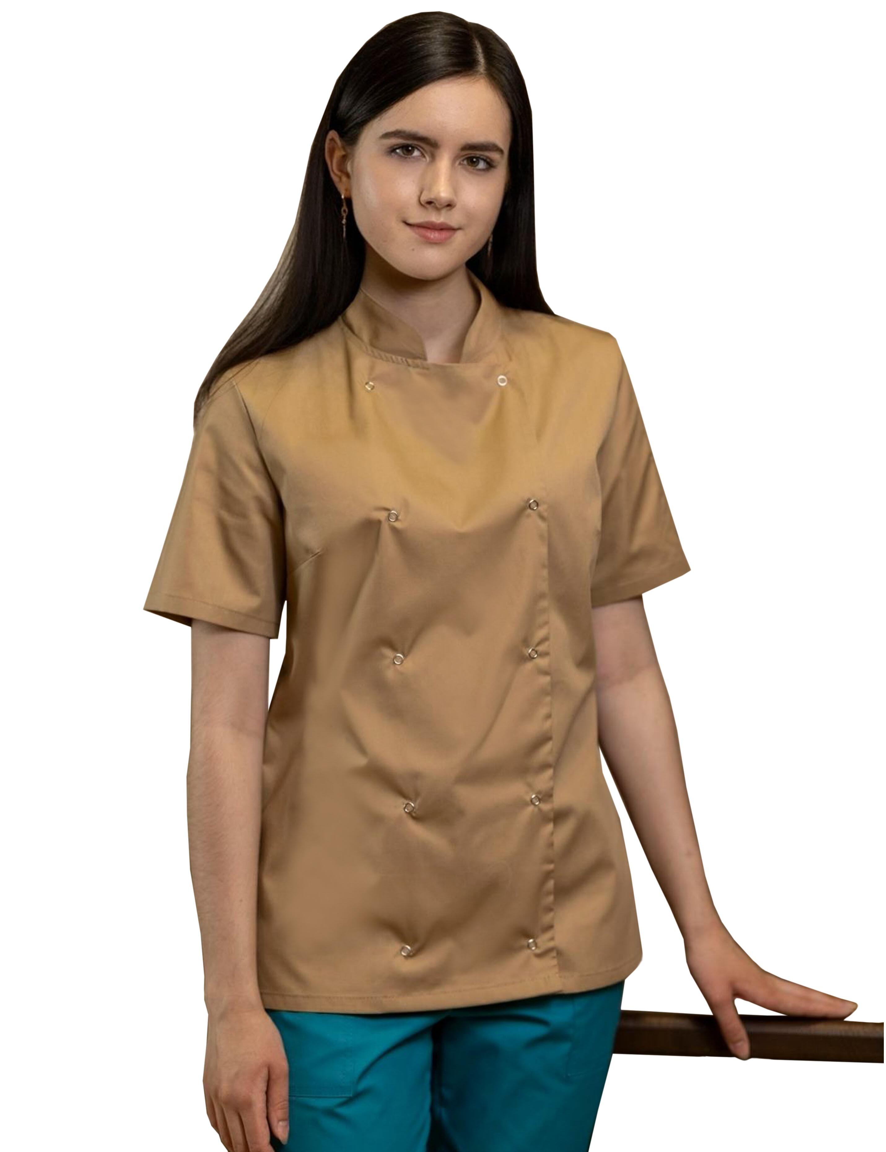 Custom ladies Short Sleeve Chef's coat cappuccino with embroidery