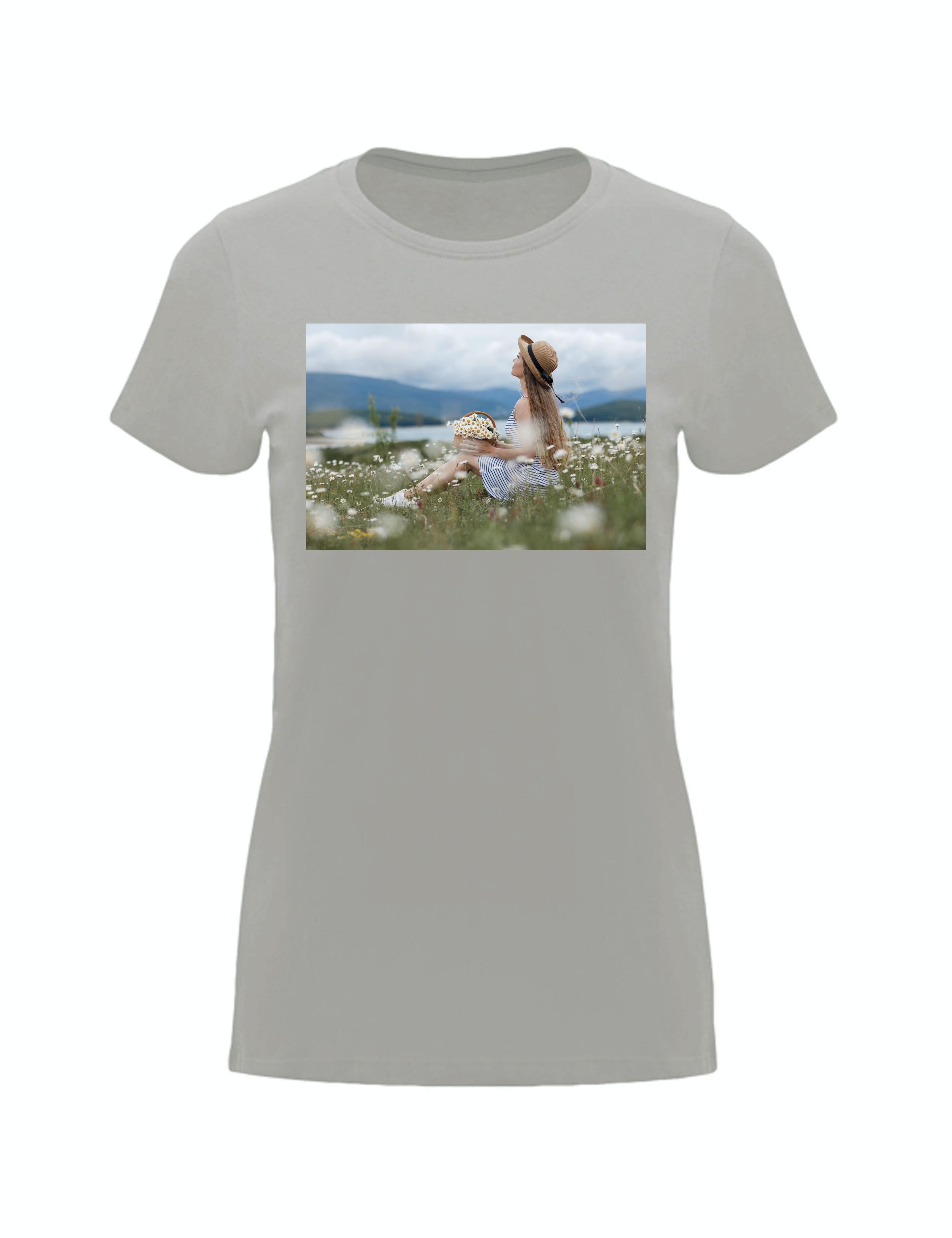 Photo Printed Heavyweight Women's Short Sleeve T-Shirt Light Grey