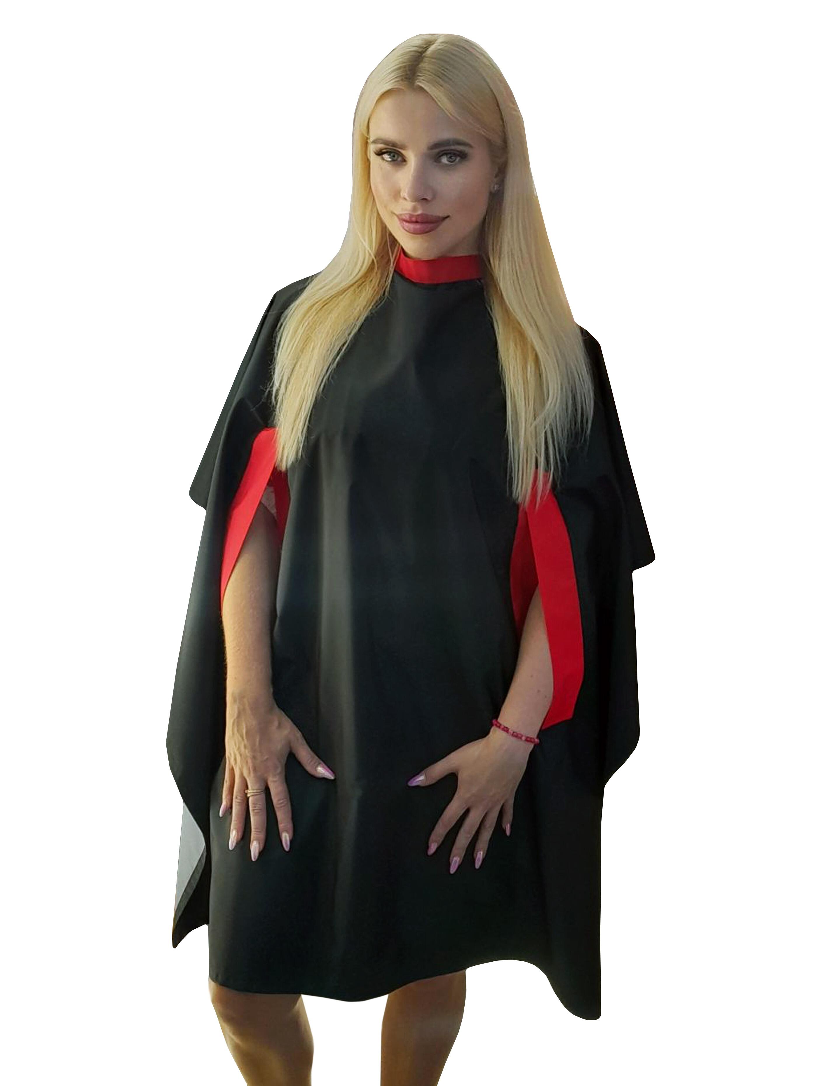 Black red hairdressing gown with hand slits for salon professionals