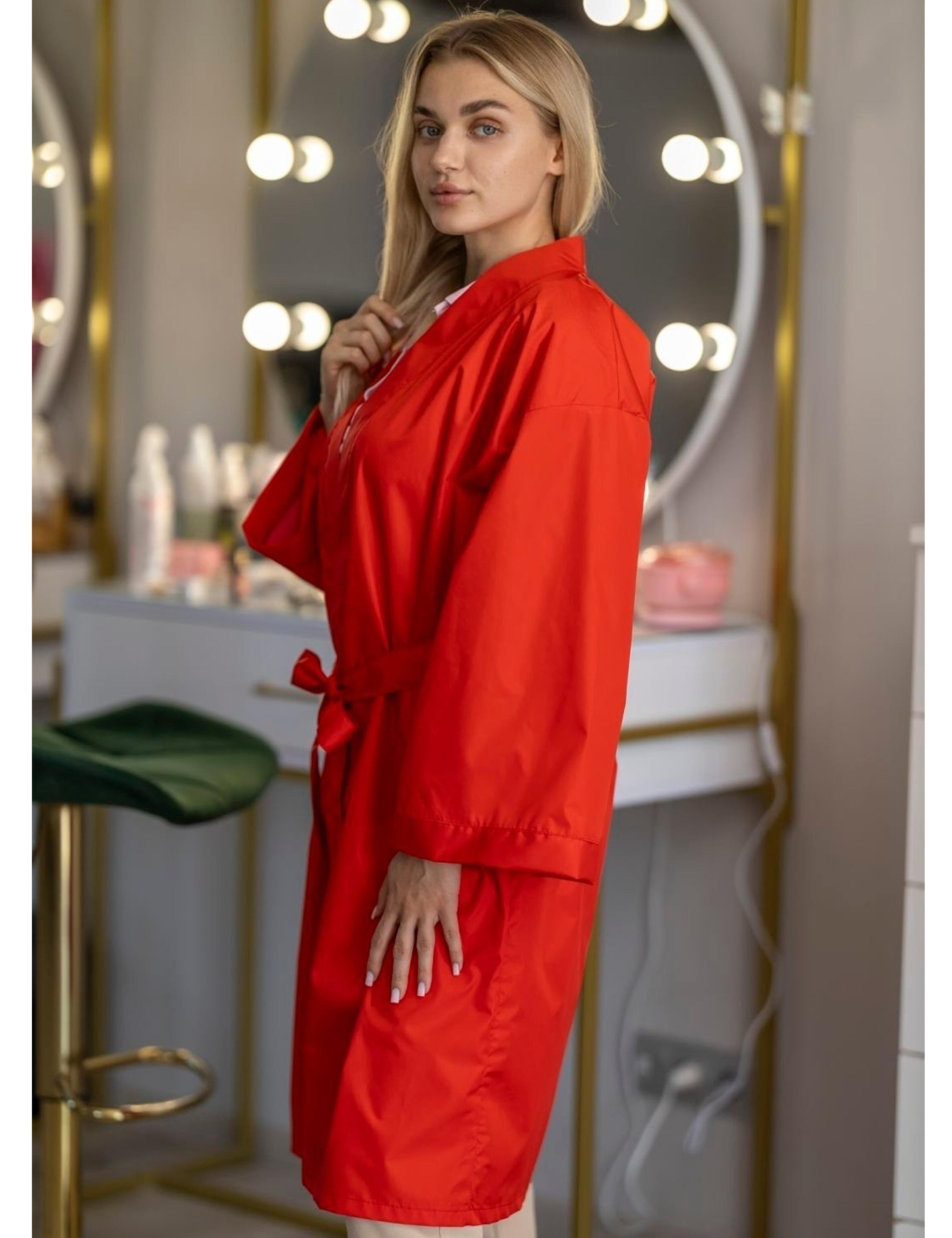 Red professional hairdressing kimono robe with custom printed logo