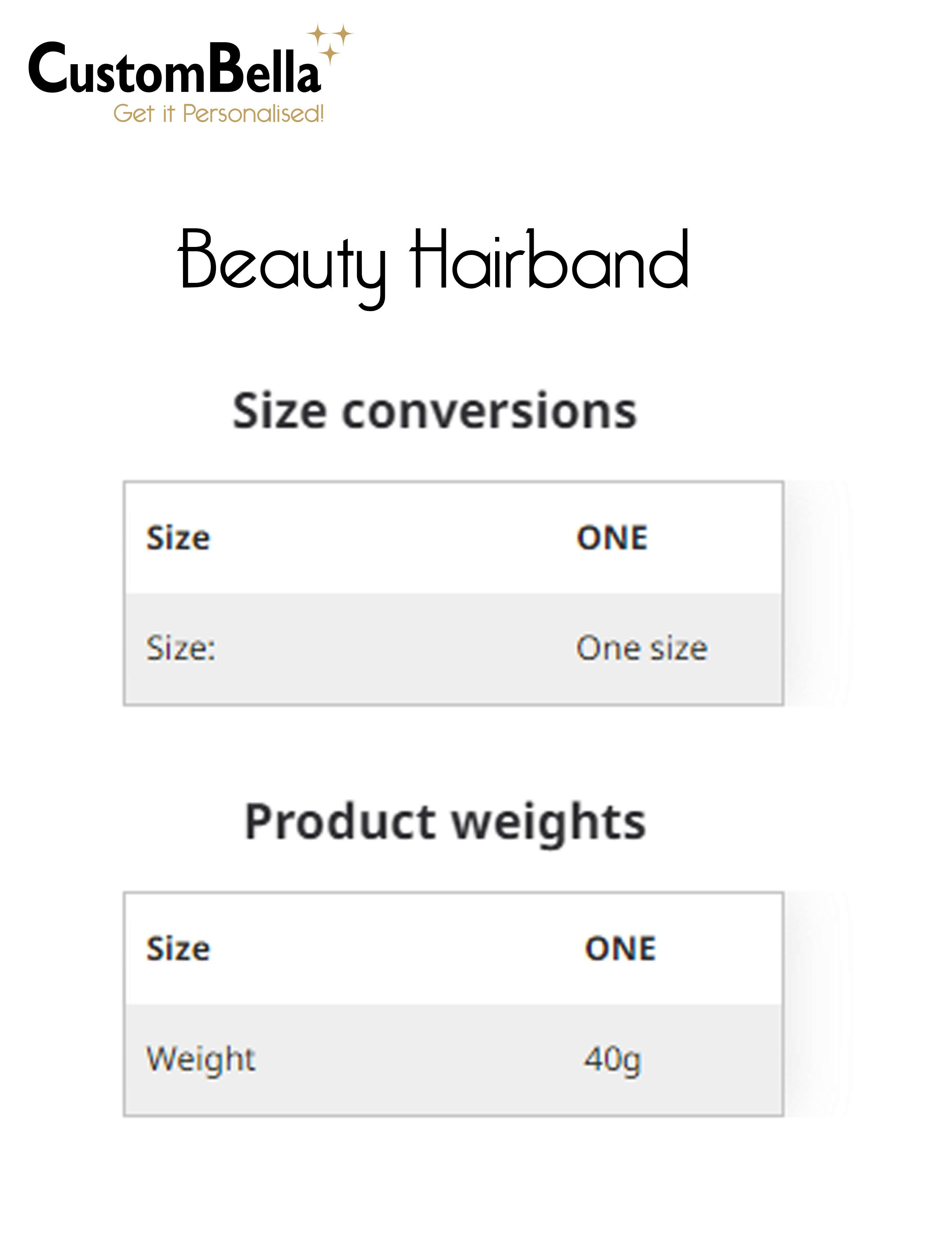 Nibano Personalised Beauty Hairband black size chart