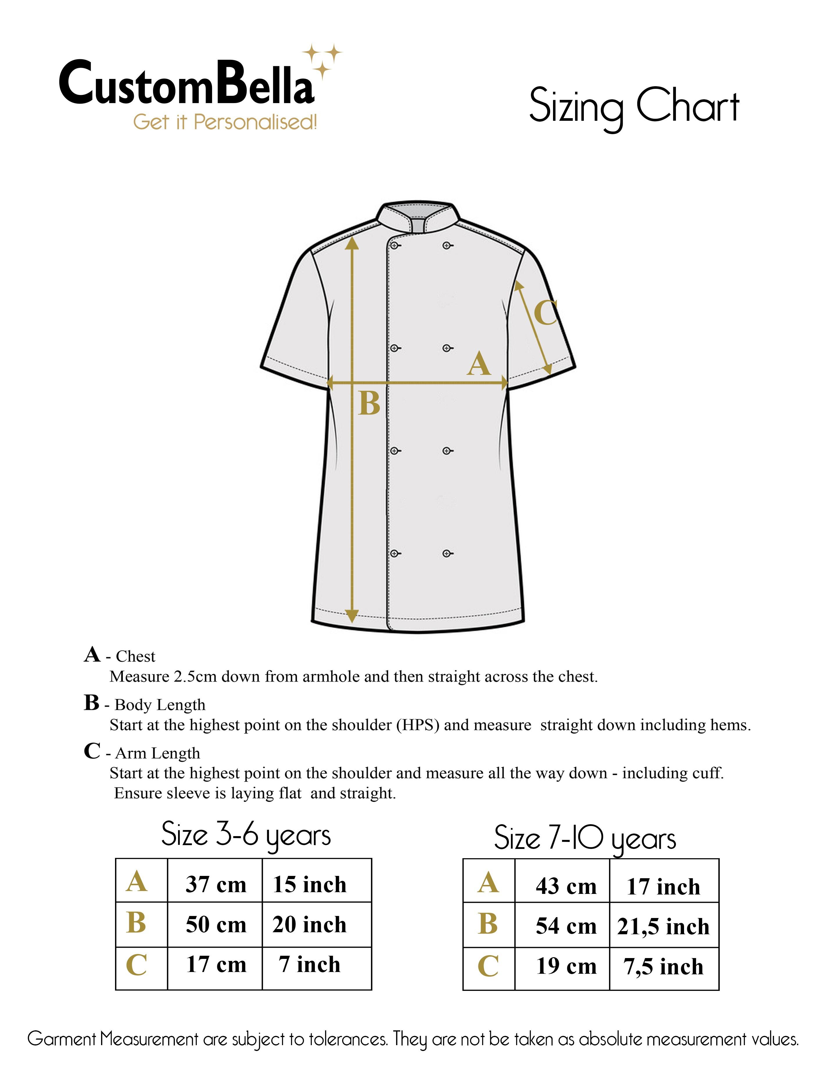 Kids Chef Jacket Rose gold with Embroidery size chart