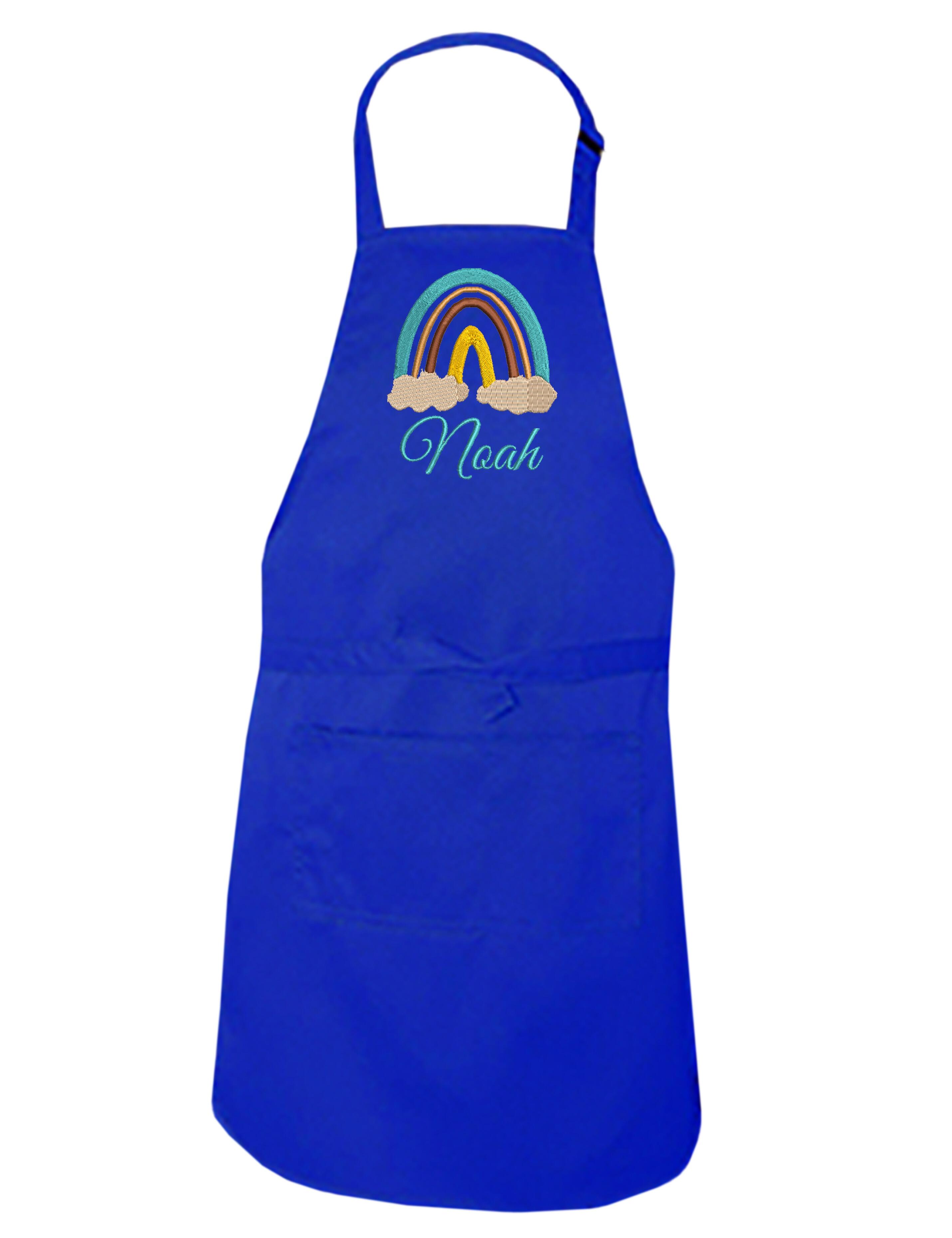 Personalised Rainbow Kids Apron Royal Blue Embroidered