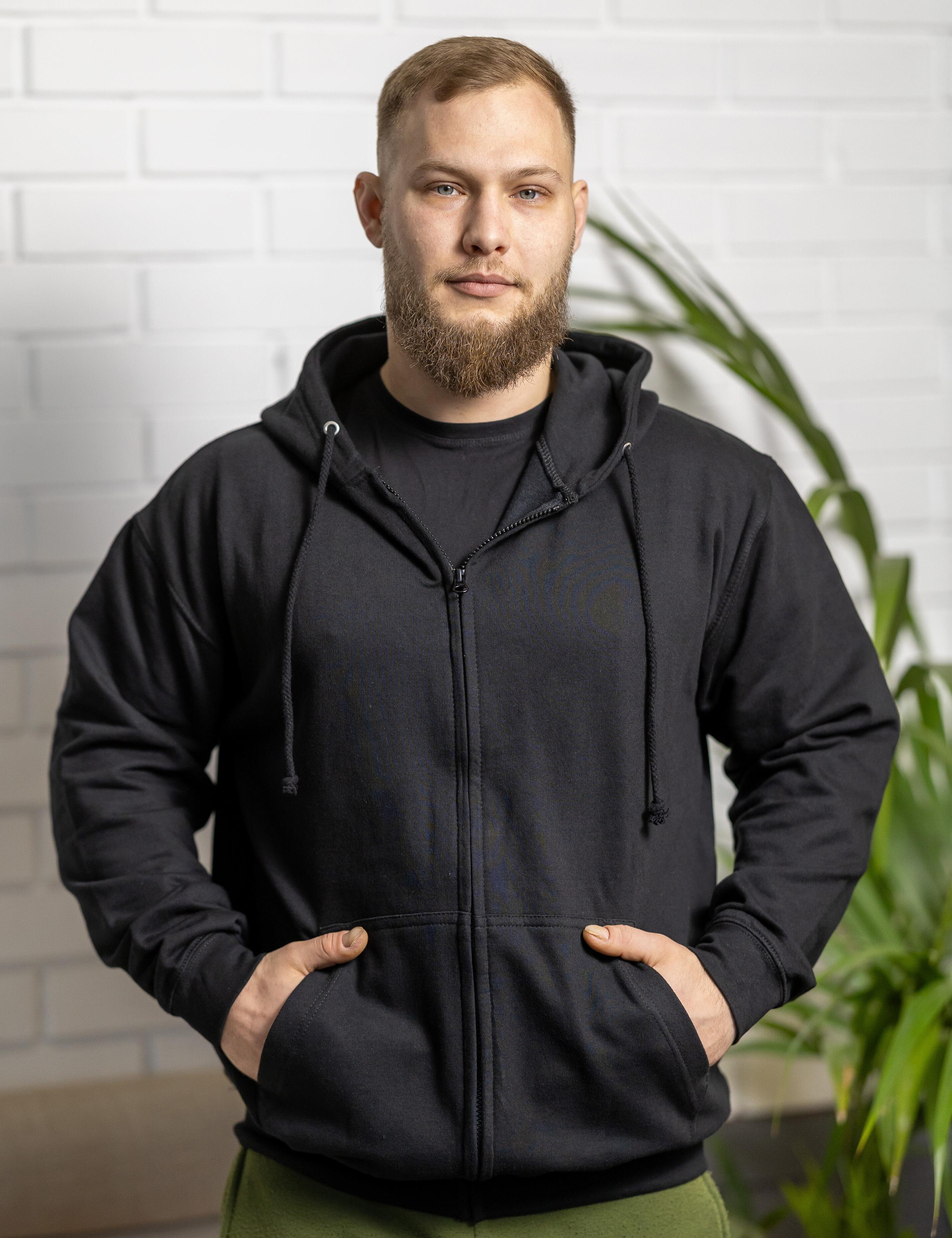 Embroidered and printed black zip-up hoodie with full front zipper
