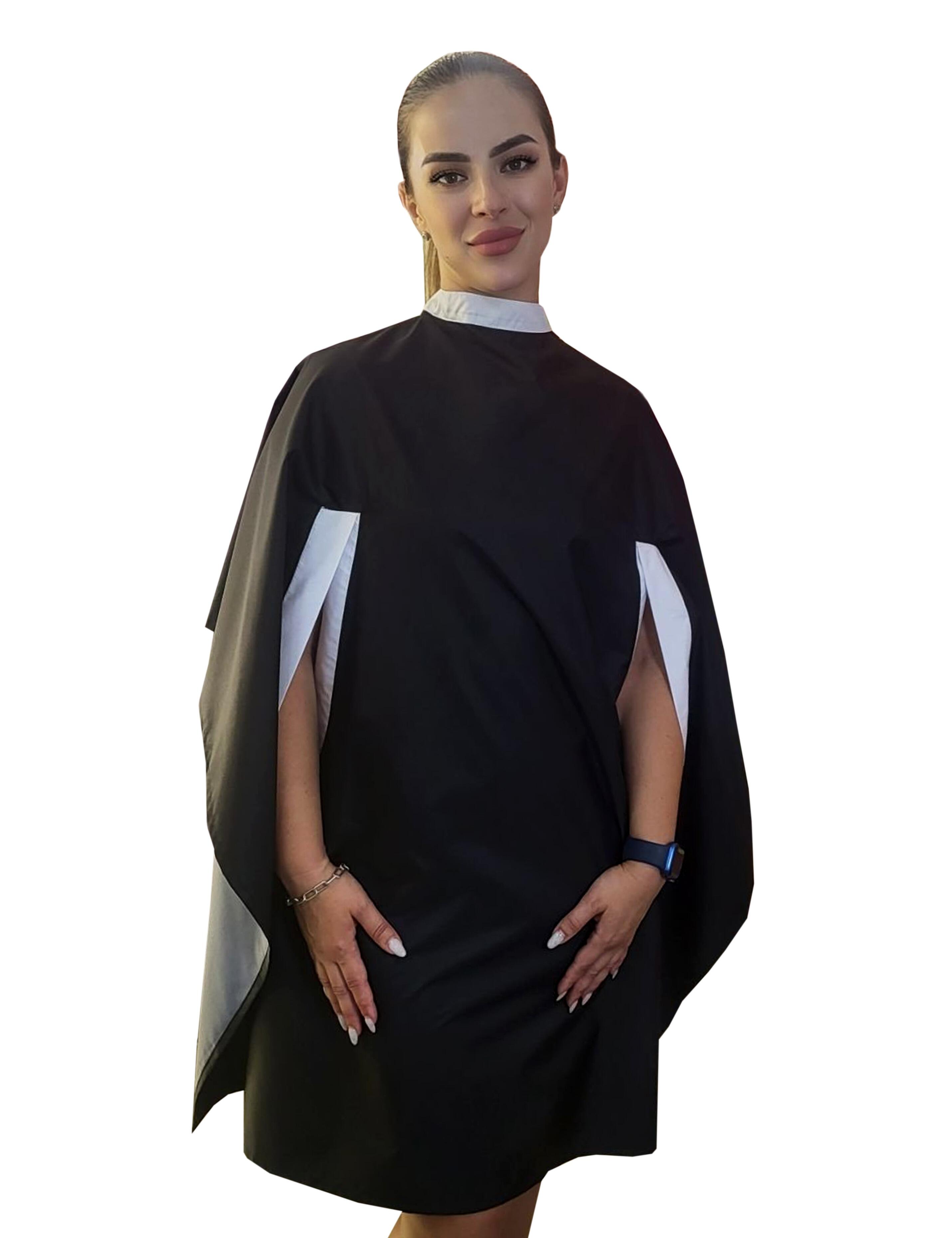 Black white hairdressing gown with hand slits for salon professionals