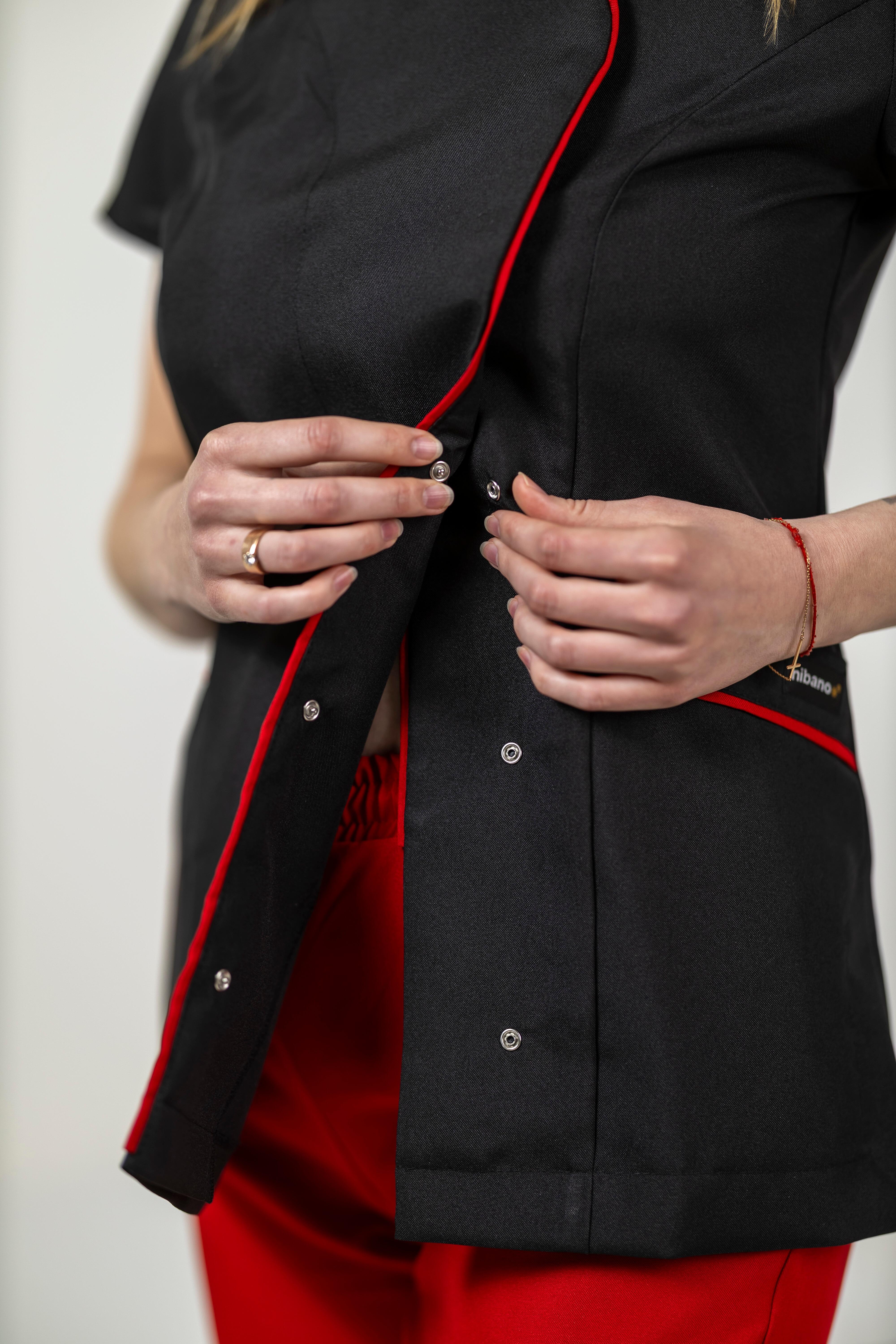 Professional Women’s Spa and Beauty Tunic Black with Red Trim