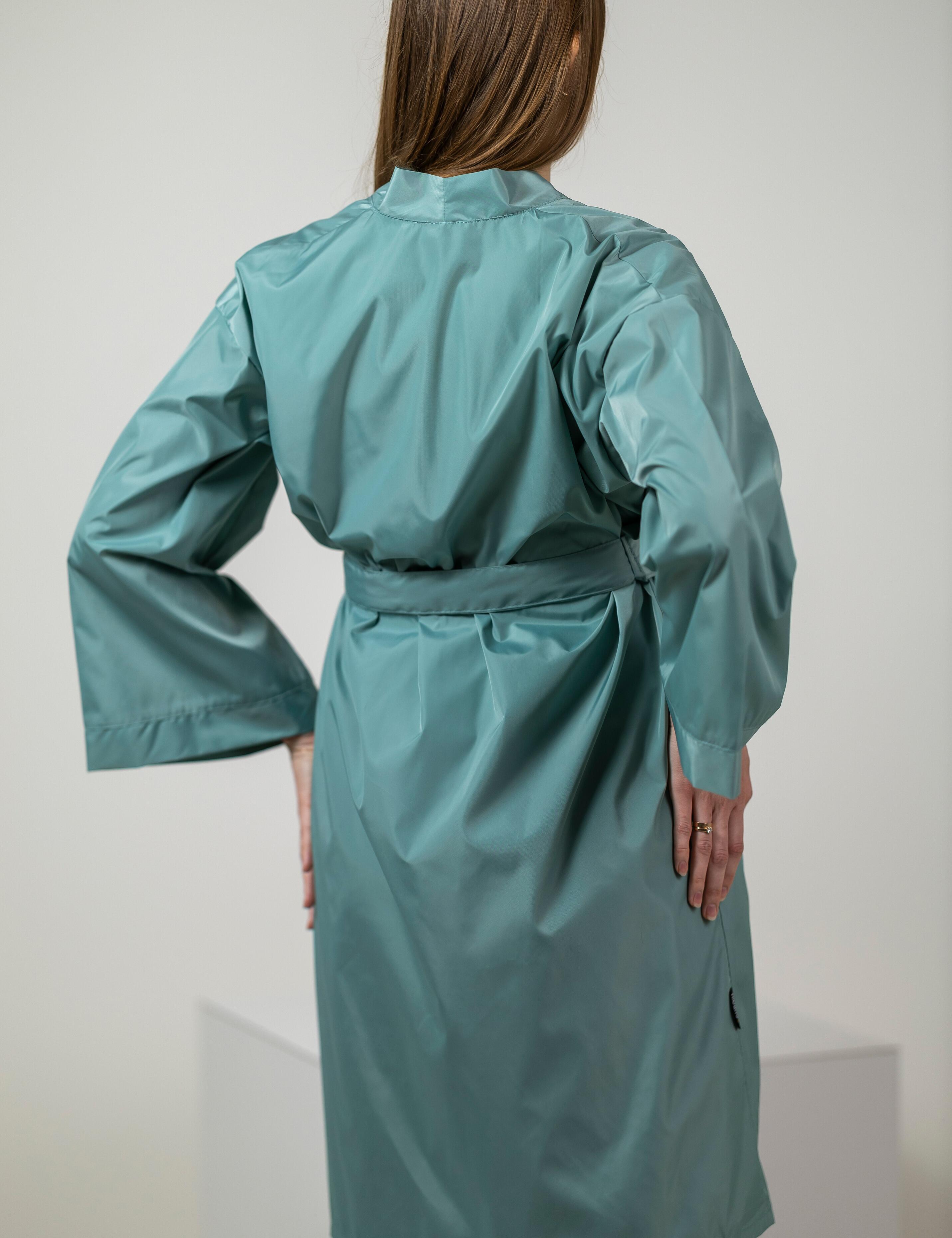 Lightweight sage hair salon robe with custom print