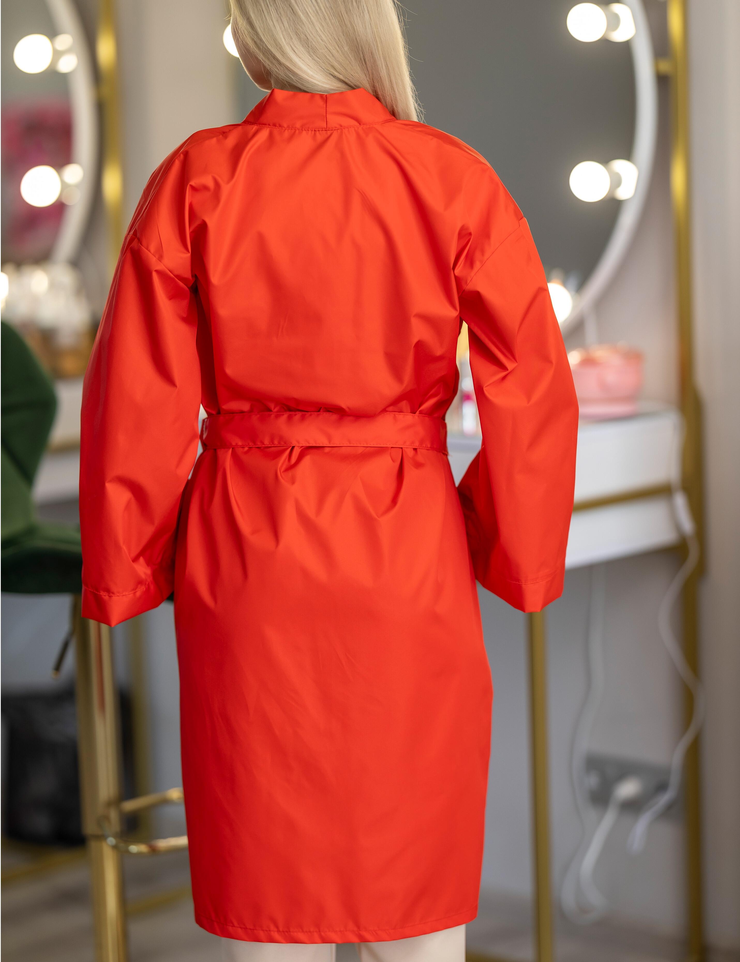 Embroidered red salon kimono robe for professional hair stylists