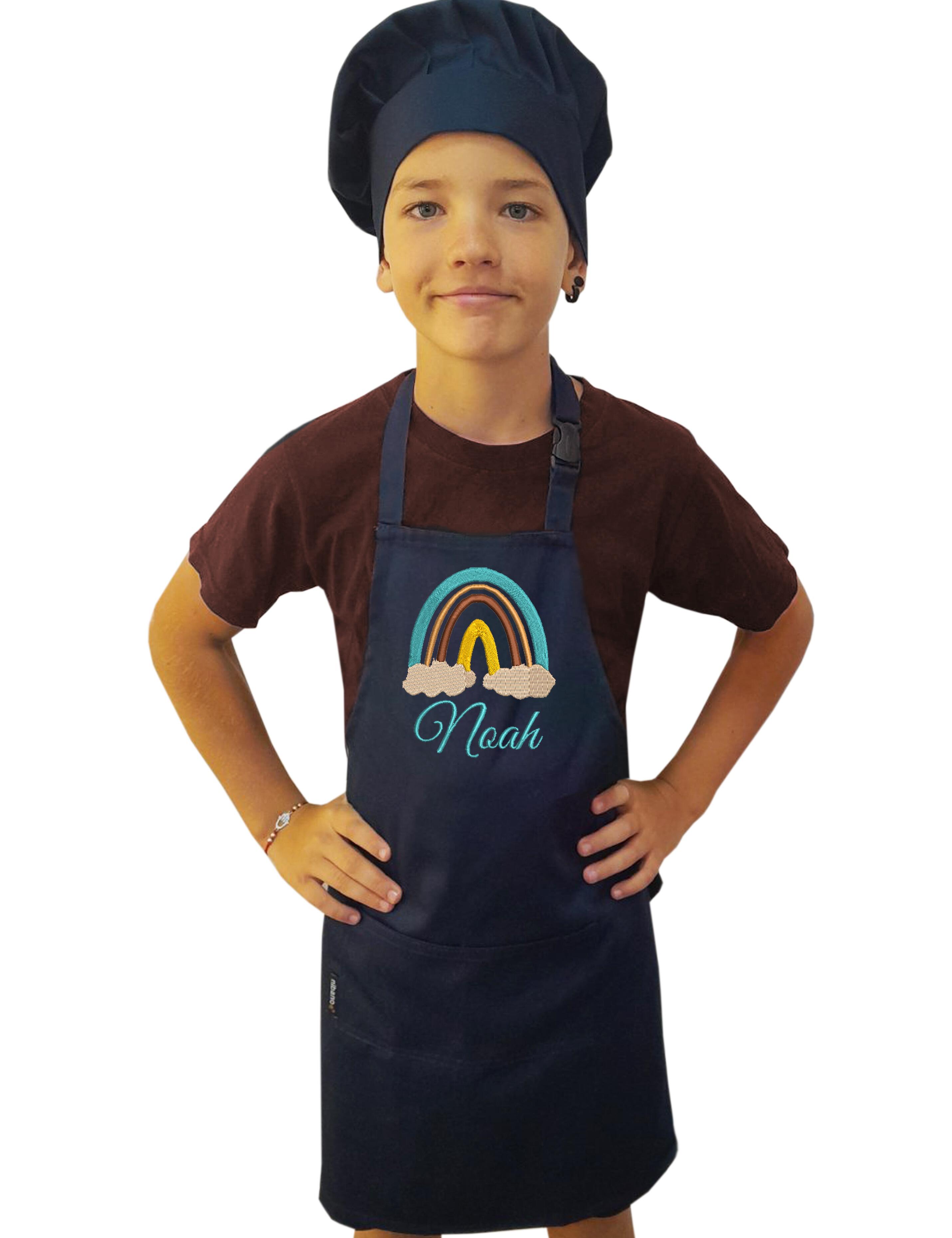 Personalised Rainbow Kids Apron Navy Embroidered