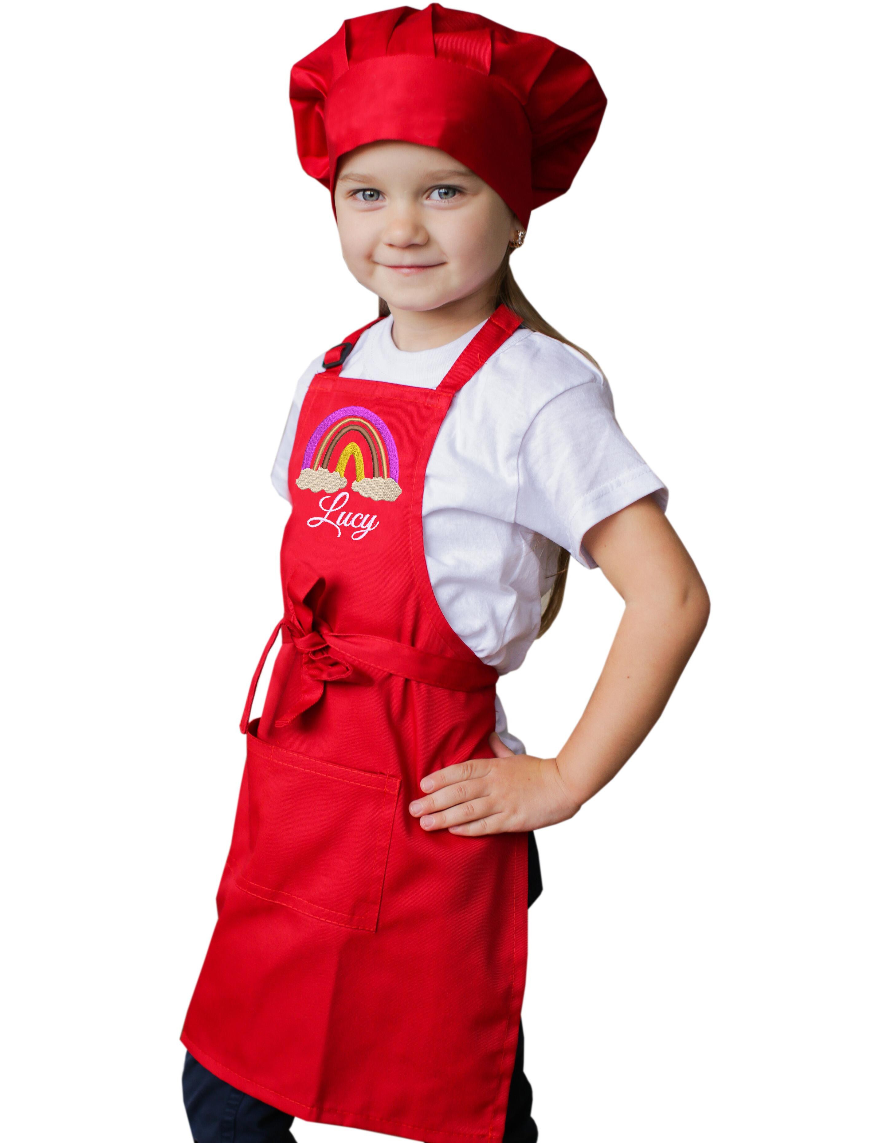 Personalised Rainbow Kids Apron Red Embroidered